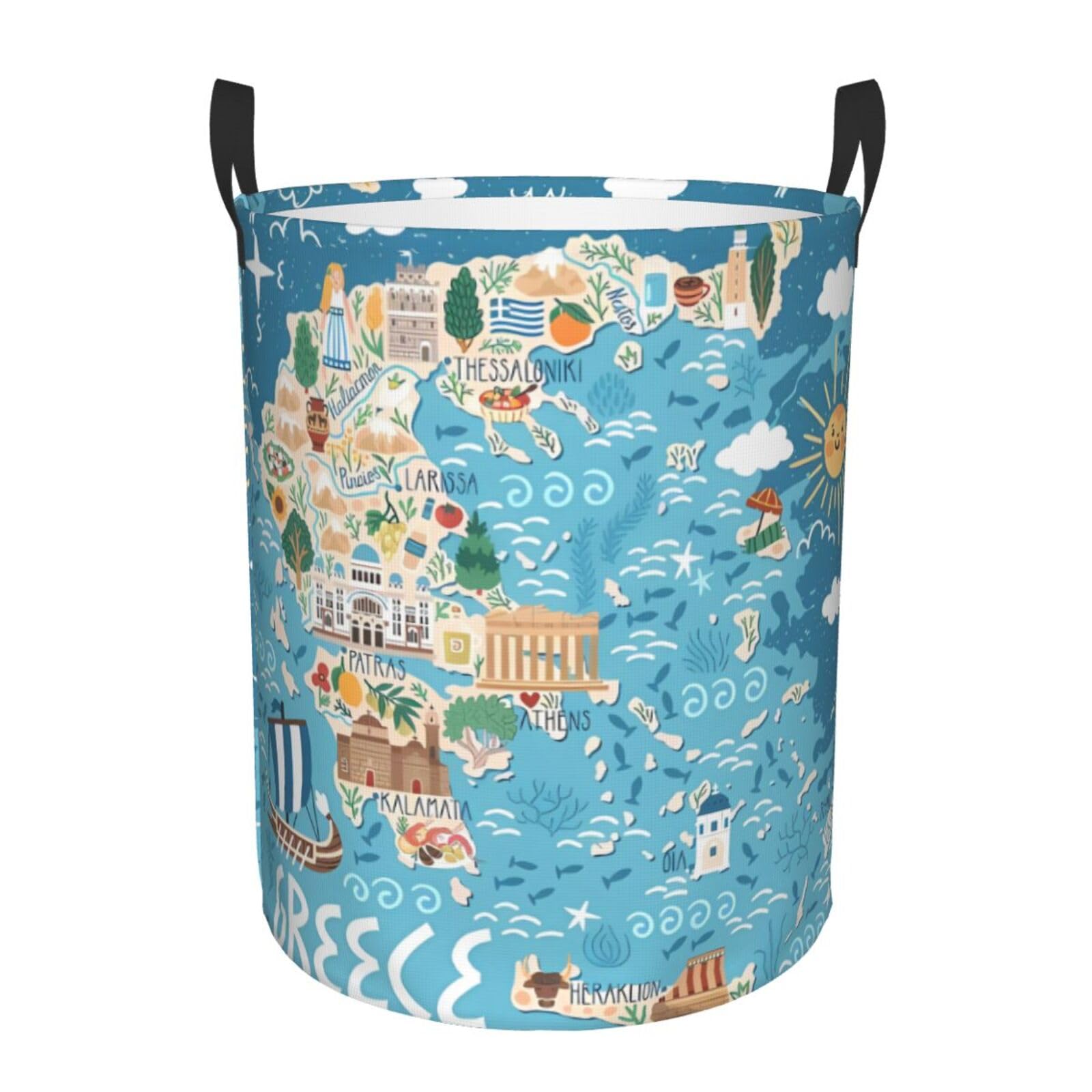 M Collapsible Greece Map Print Circular Hamper Round