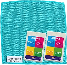 Lenço Mágico - Kit 2 Spray Limpa Lentes Slim 20ml + 1 Lenço Premium 15x15cm Microfibra Original Óculos Celular Câmera Lentes Eletrônicos Flanela Maior Absorção Maciez Lavável Produtos de Qualidade