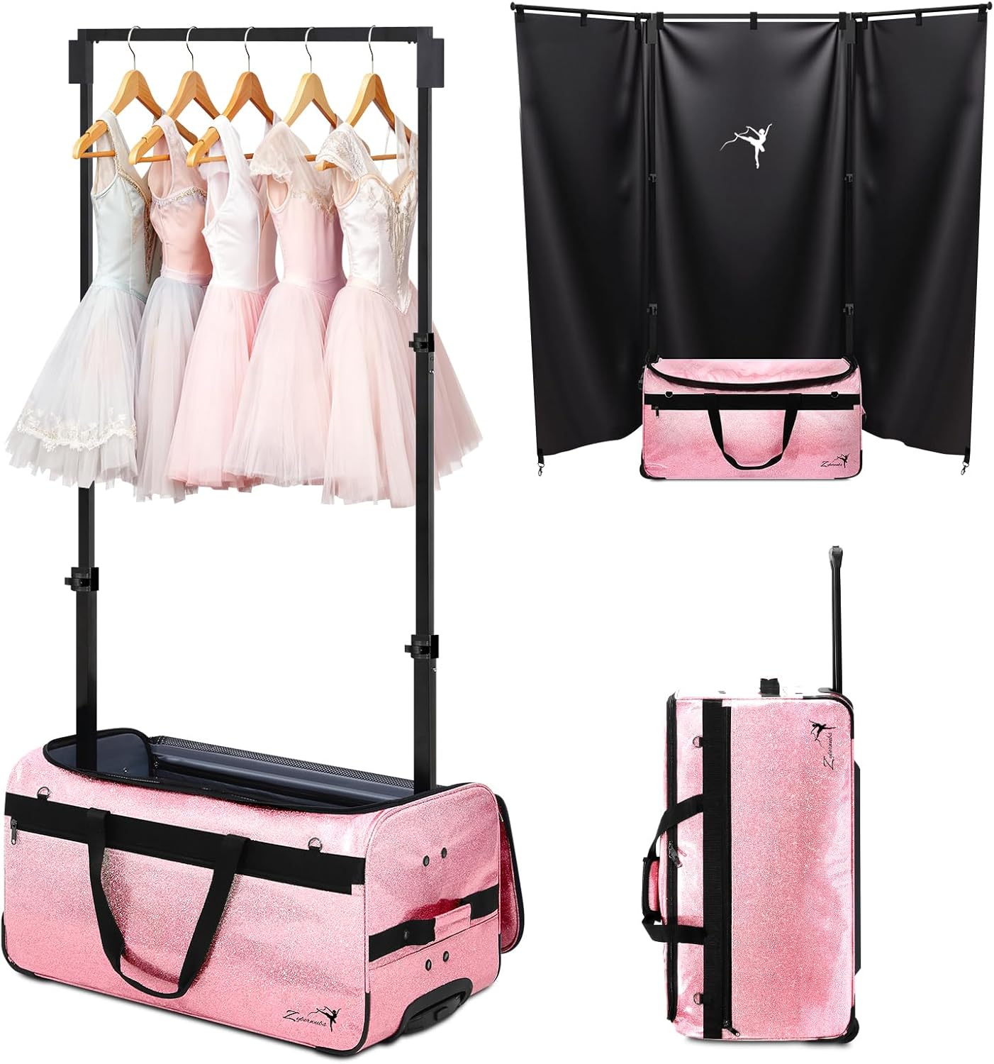 Dance Bag with Garment Rack and Curtain - 23" Glitter Dance Competition Travel Duffle Bag - Quick Privacy Changing Station, Easy Assembly, Ideal for Dance Competition, Backstage, Recital, Travel