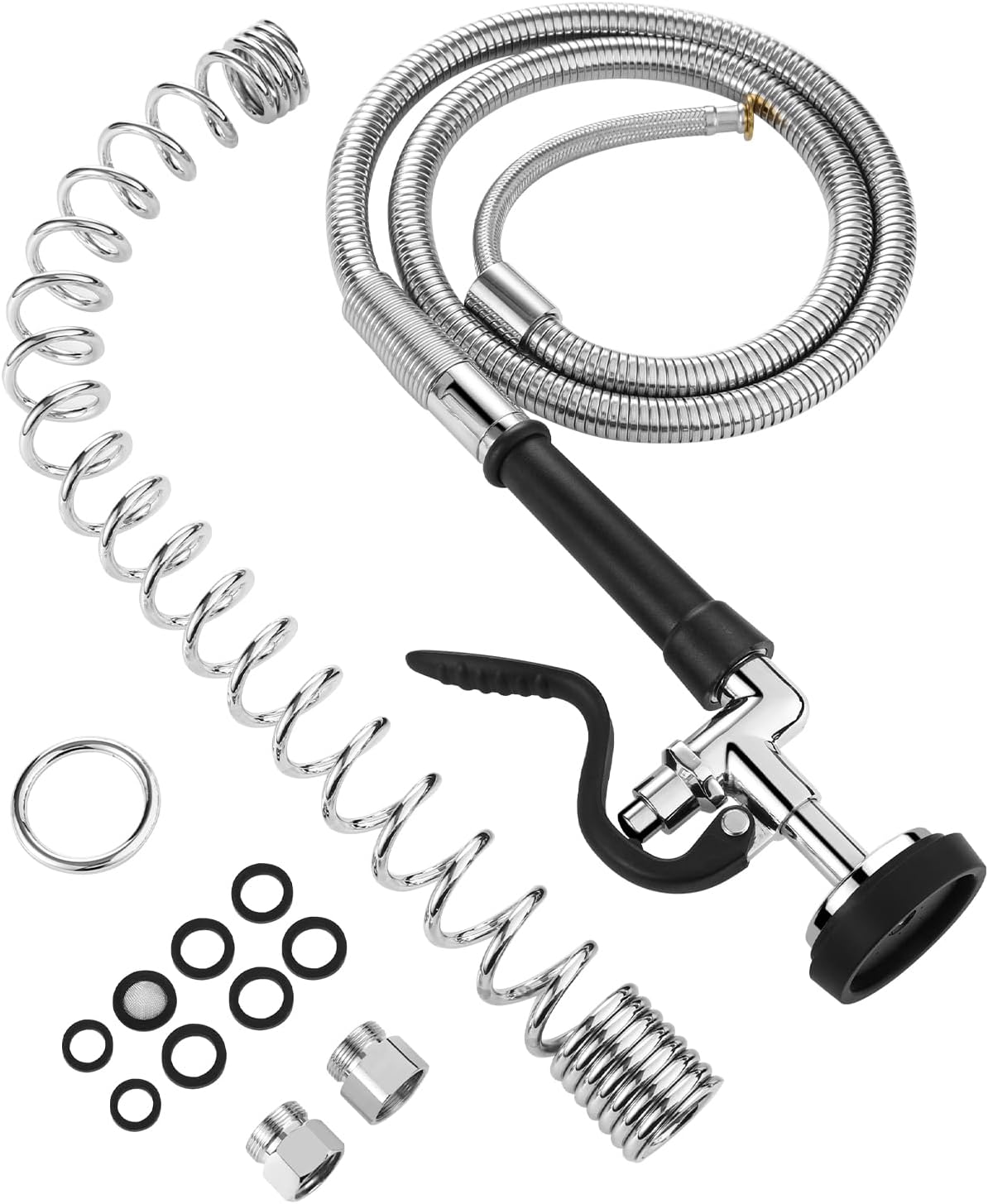 HWM Commercial Sink Sprayer Valve with 60” Flexible Stainless Steel Pre Rinse Hose & Overhead Spring Replacement Kit for Commercial Kitchen Sink Faucets