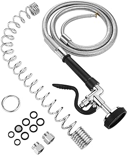 HWM Commercial Sink Sprayer Valve with 60” Flexible Stainless Steel Pre Rinse Hose & Overhead Spring Replacement Kit for Commercial Kitchen Sink Faucets