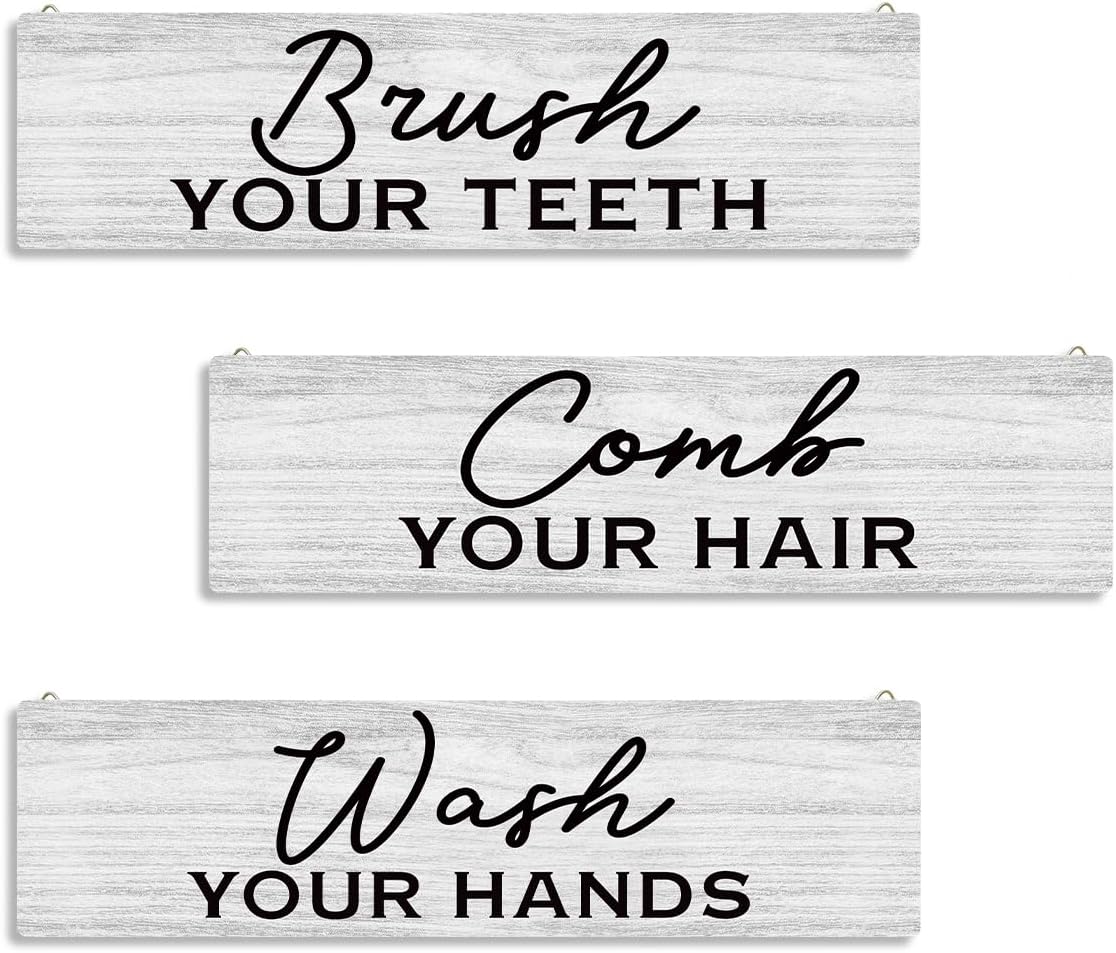 Modern Farmhouse Bathroom Decor: 3-Piece Wooden Wall Plaques - Washroom Signs
