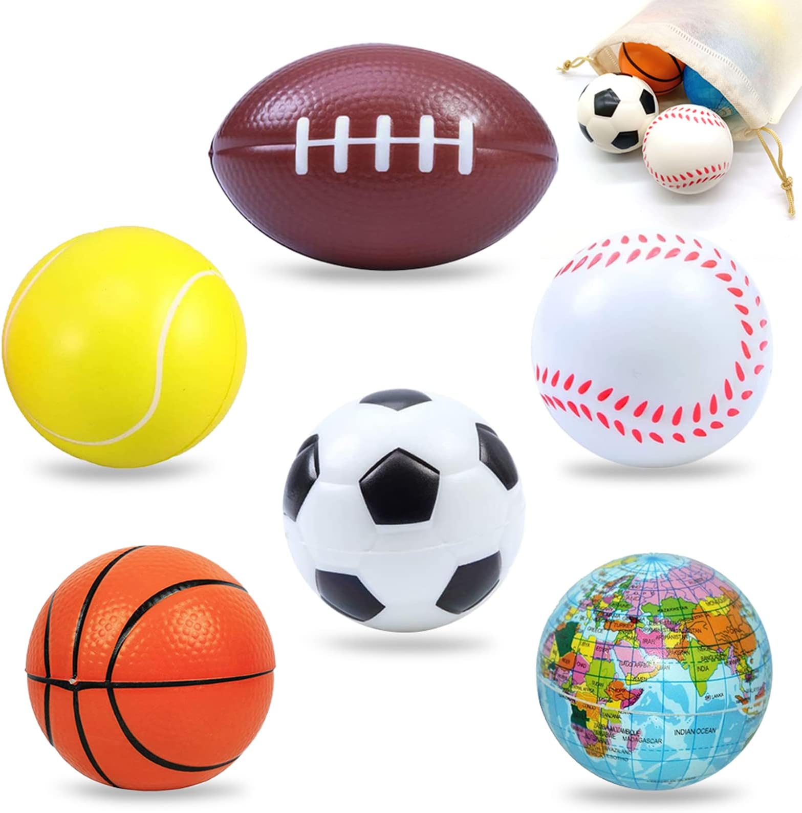 Sponge Balls, Squeeze Foam Football Basketball Tennis Baseball Rugby Earth Soft Ball for Children Playing Stress Releasing 6pcs