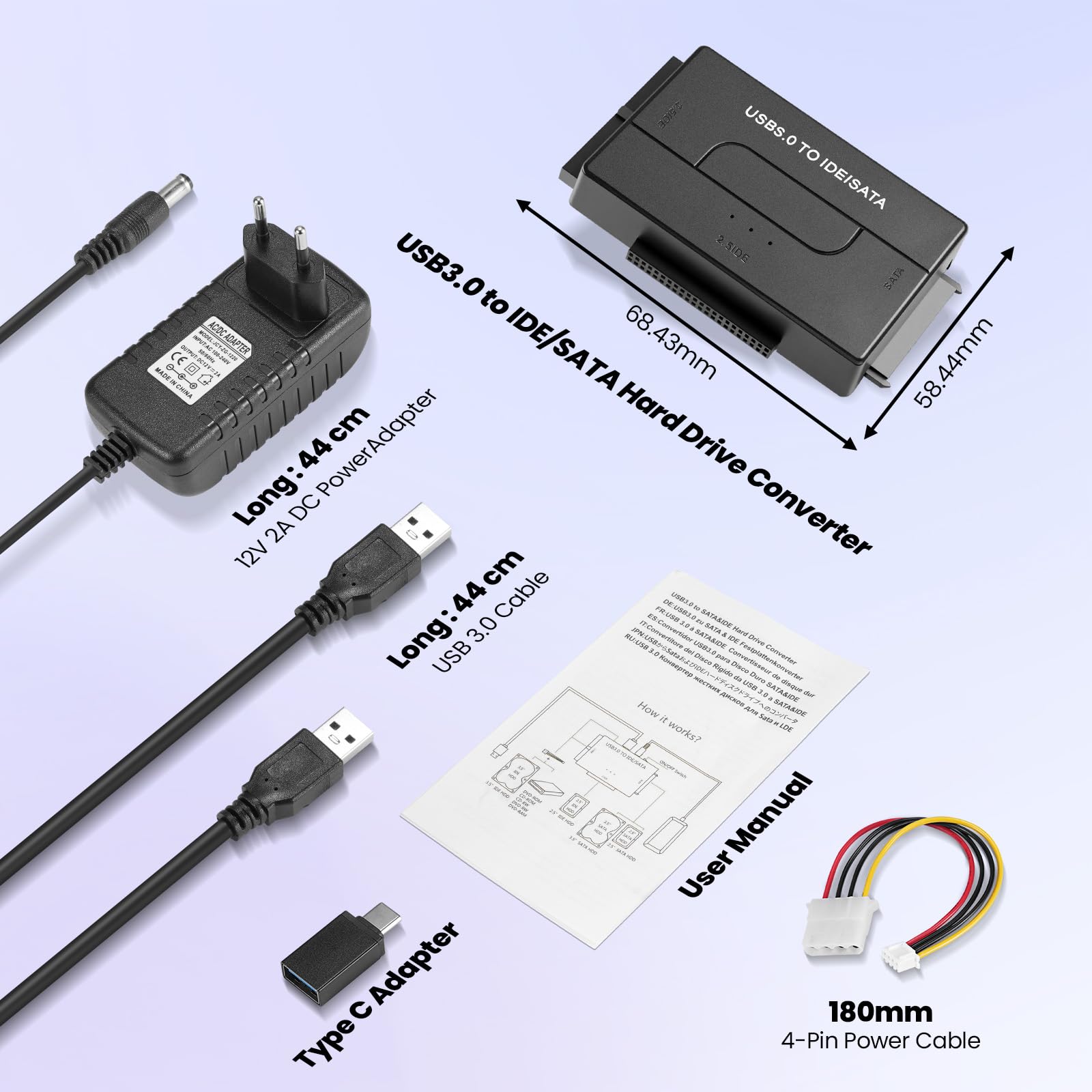 5Gbps IDE Adaptateur Disque Dur USB 3.0 pour 2.5"/ 3.5" HDD/SSD, Convertisseur SATA et IDEAdaptateur de Disque Dur IDE/SATA pour Windows avec Câble USB/Alimentation 12V 2A/SATACâble