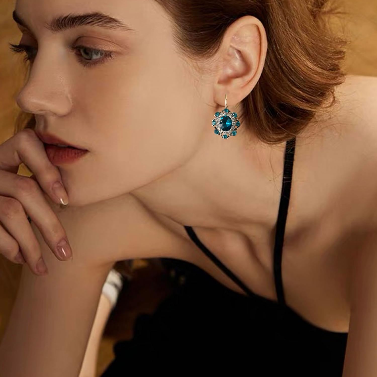 GPASTG Handmade Bohemian Vintage Gold Sparkly Crystal Round Flower Leverback Earrings Cute Rhinestone Geometry Dangle Drop Earring for Women - Image 2