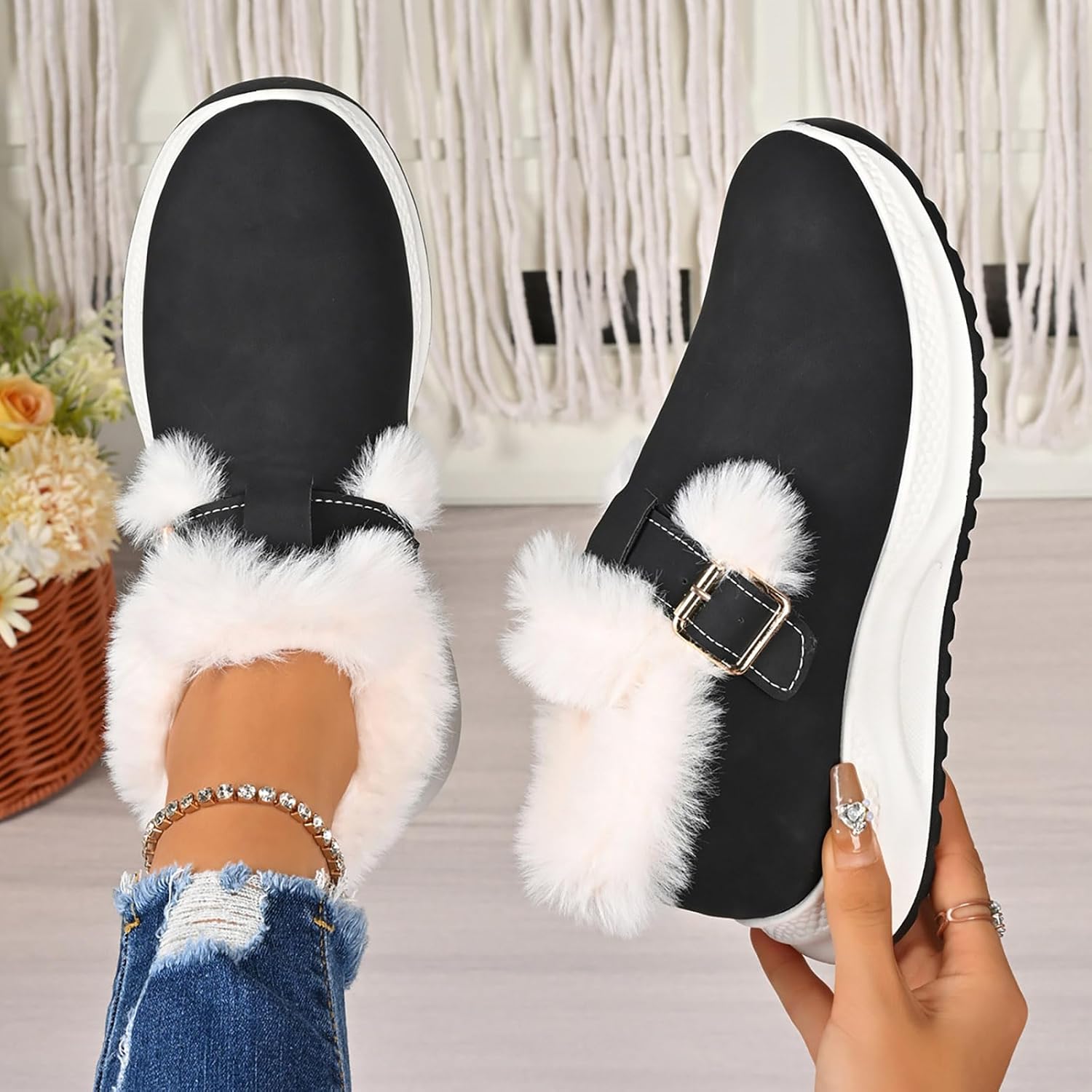 Winter Walking Shoes for Women Casual Plush Fuzzy Slip On Orthopedic Sneakers Womens Fleece Lined Metal Buckle Comfortable Non Slip Warm Hiking Boots Outdoor Memory Foam Short Boots