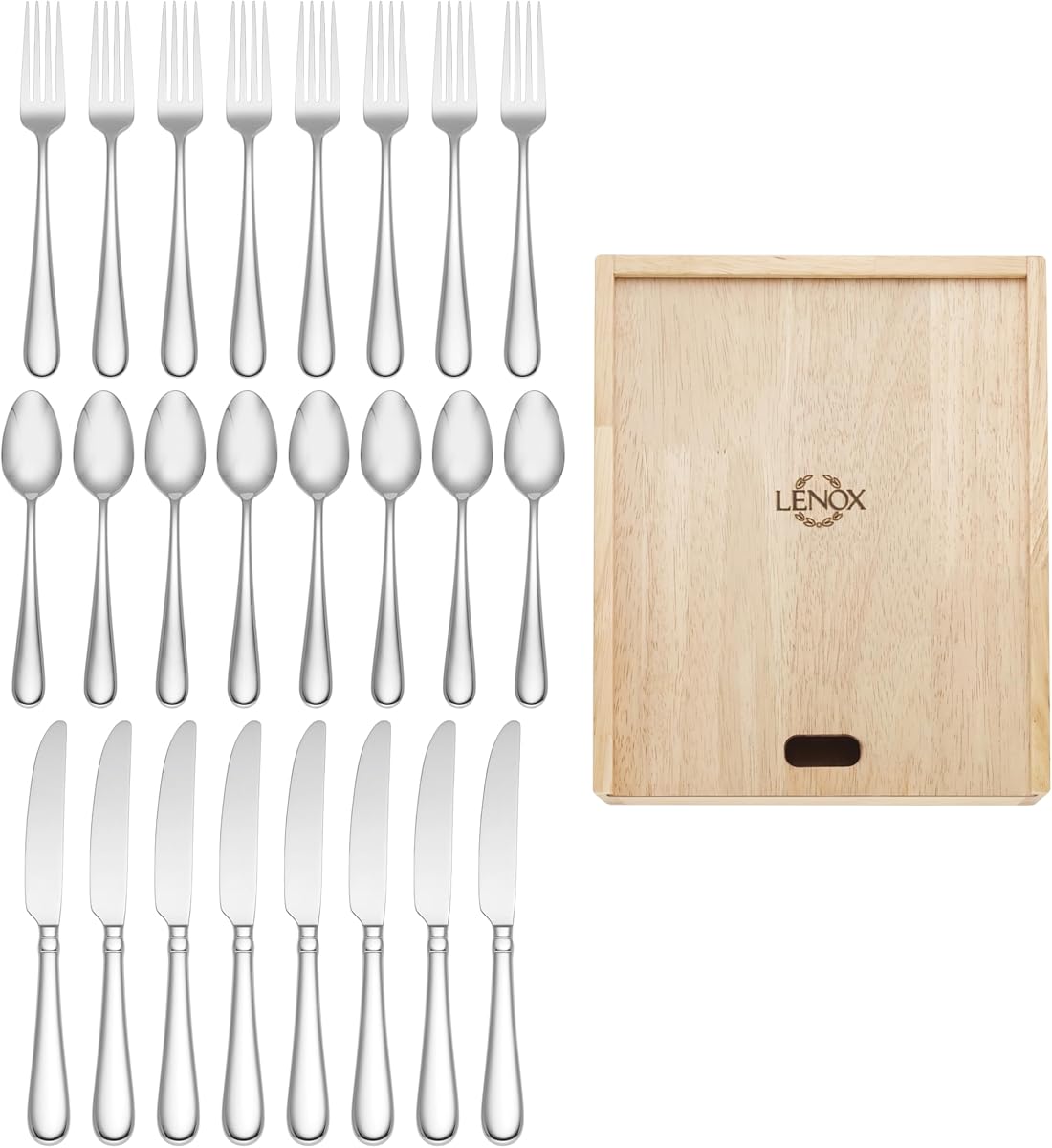 Lenox Studio 1414 24-Piece Silverware Set for 8, with Caddy, Flatware | mirror finish, dishwasher safe | includes storage caddy | heavy duty, cutlery set for kitchen and dining, utensil set