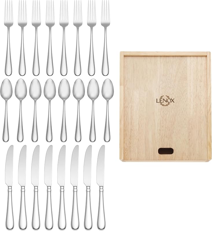 Lenox Studio 1414 24-Piece Silverware Set for 8, with Caddy, Flatware | mirror finish, dishwasher safe | includes storage caddy | heavy duty, cutlery set for kitchen and dining, utensil set