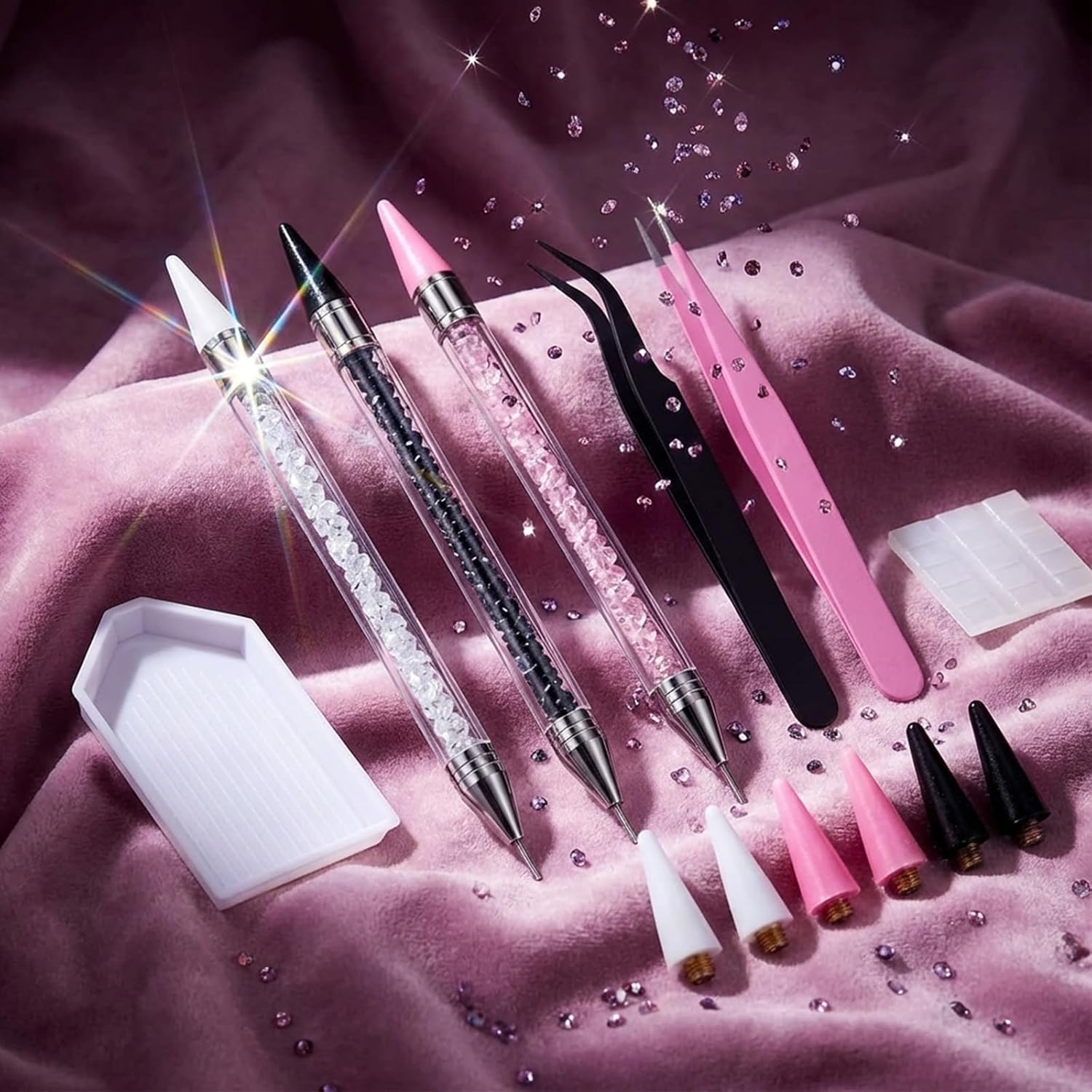 Bedazzle Pen, 13PCS Bedazzler Tool Kit, Rhinestone Picker Dotting Tool for Nail Art, Professional Gem Picker with Wax Pencil Tweezers Replacement Heads Storage Tray Set