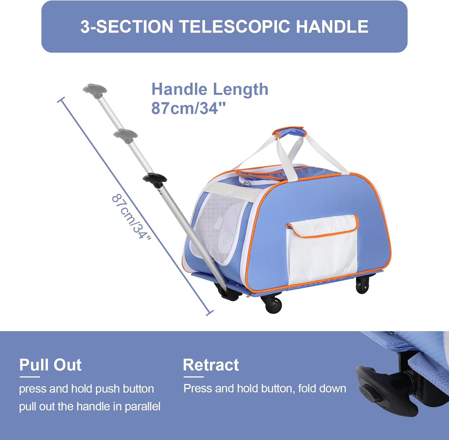 A4 Pet Pet Carrier with Wheels,Foldable Dog Carrier on Wheels for Medium Dogs Up to 33 LBS with Removable Base,Extendable Handle & 4-Wheels Design,Mesh Ventilation Windows and Safety Rope, Blue