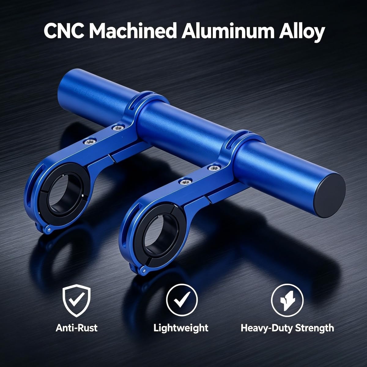 Upgrade your ride with this 8" Bike Handlebar Extender! Made from durable aluminum alloy, it features a dual mounting clamp bracket for a secure fit on handlebars 0.88" to 1.3" in diameter. blue.