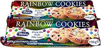 Merba Rainbow Cookies 2 Pack   2 x 150g   Colourful Chocolate Chip Biscuits   Sweet Treats for Sharing   Includes Gifty Goodness Shopping List