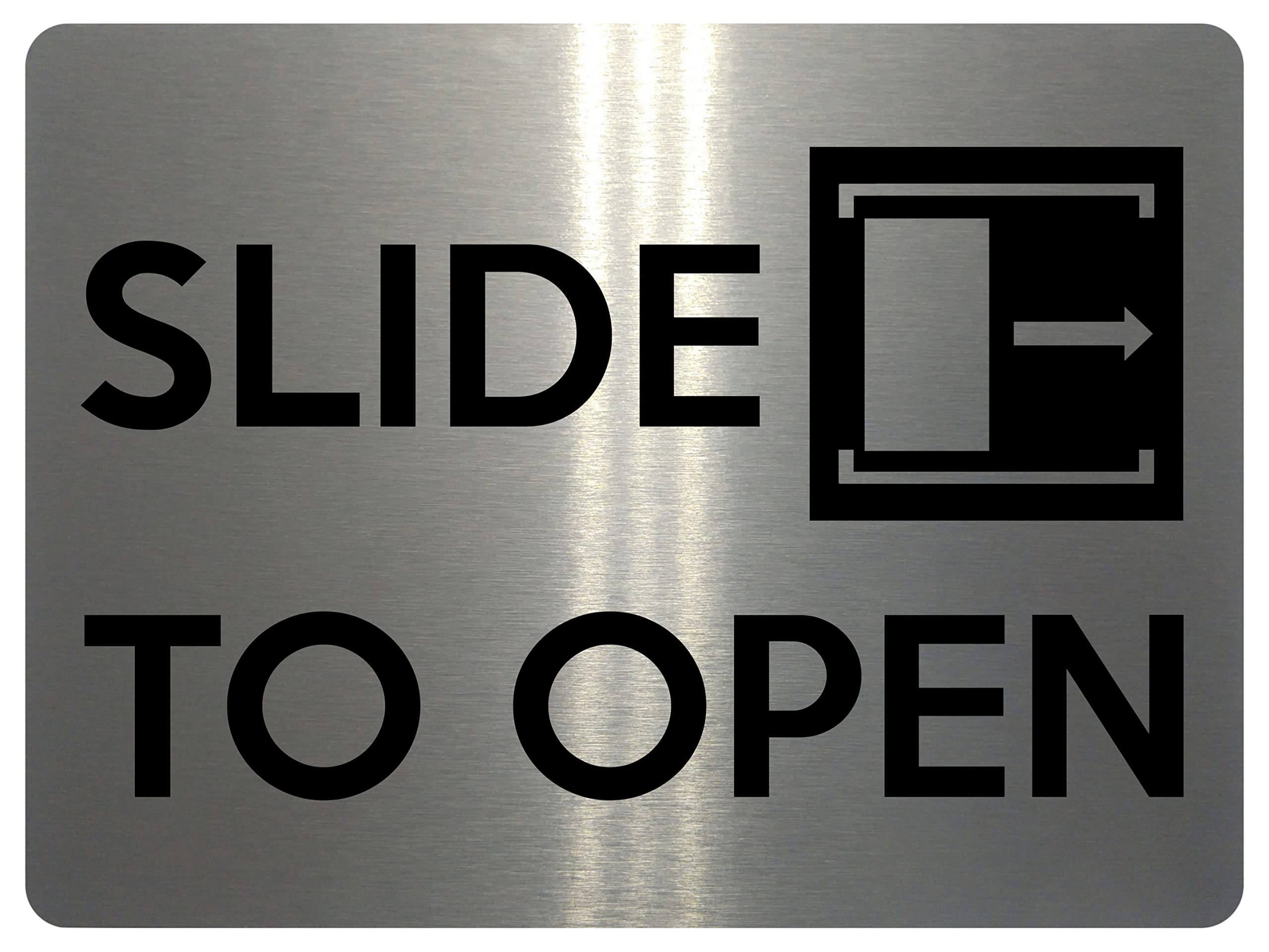 1543 SLIDE TO OPEN Direction Right Metal Aluminium Plaque Sign House Door Office (85x54mm Credit Card Size, Brushed Silver)