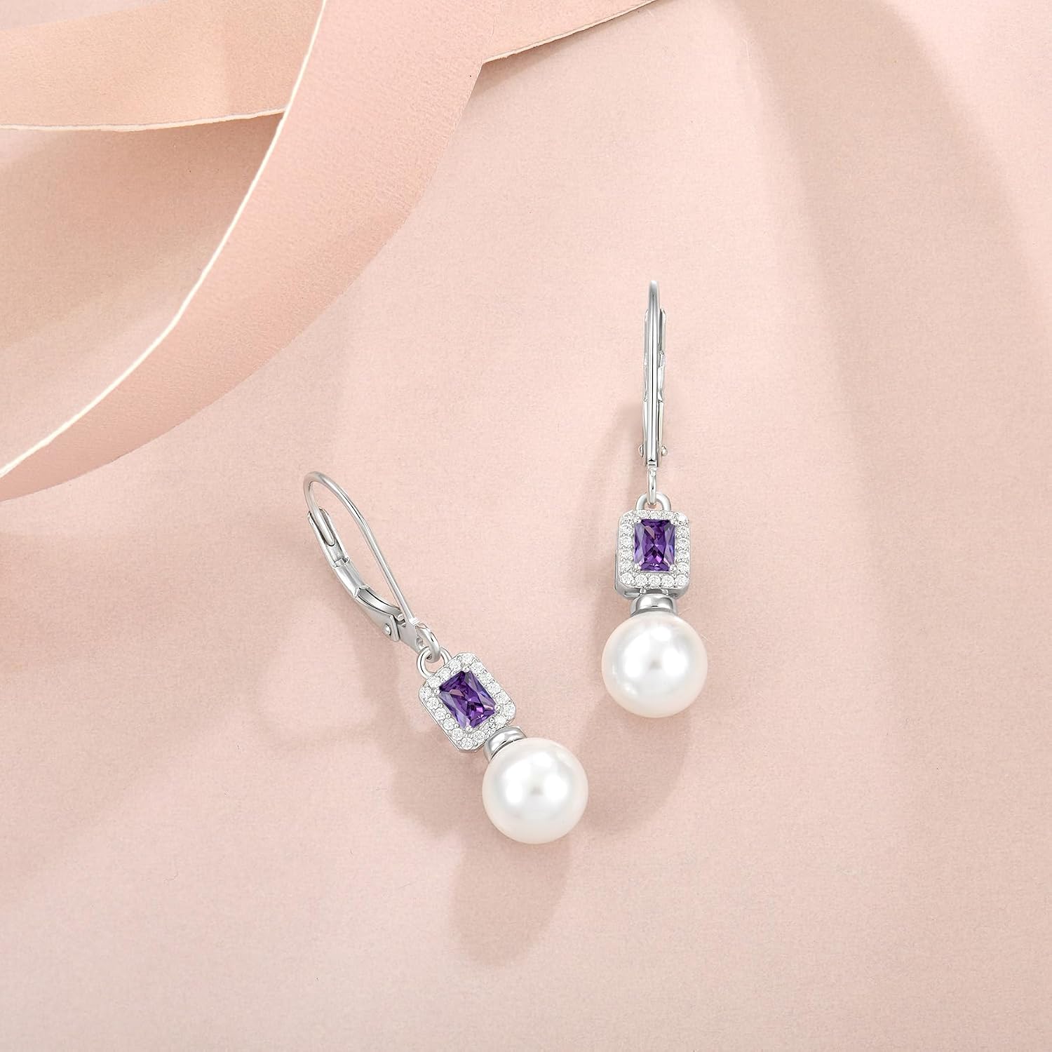 Pearl Earrings for Women 925 Sterling Silver Birthstone and Pearl Dangle Drop Leverback Earrings Jewelry Gifts for Her