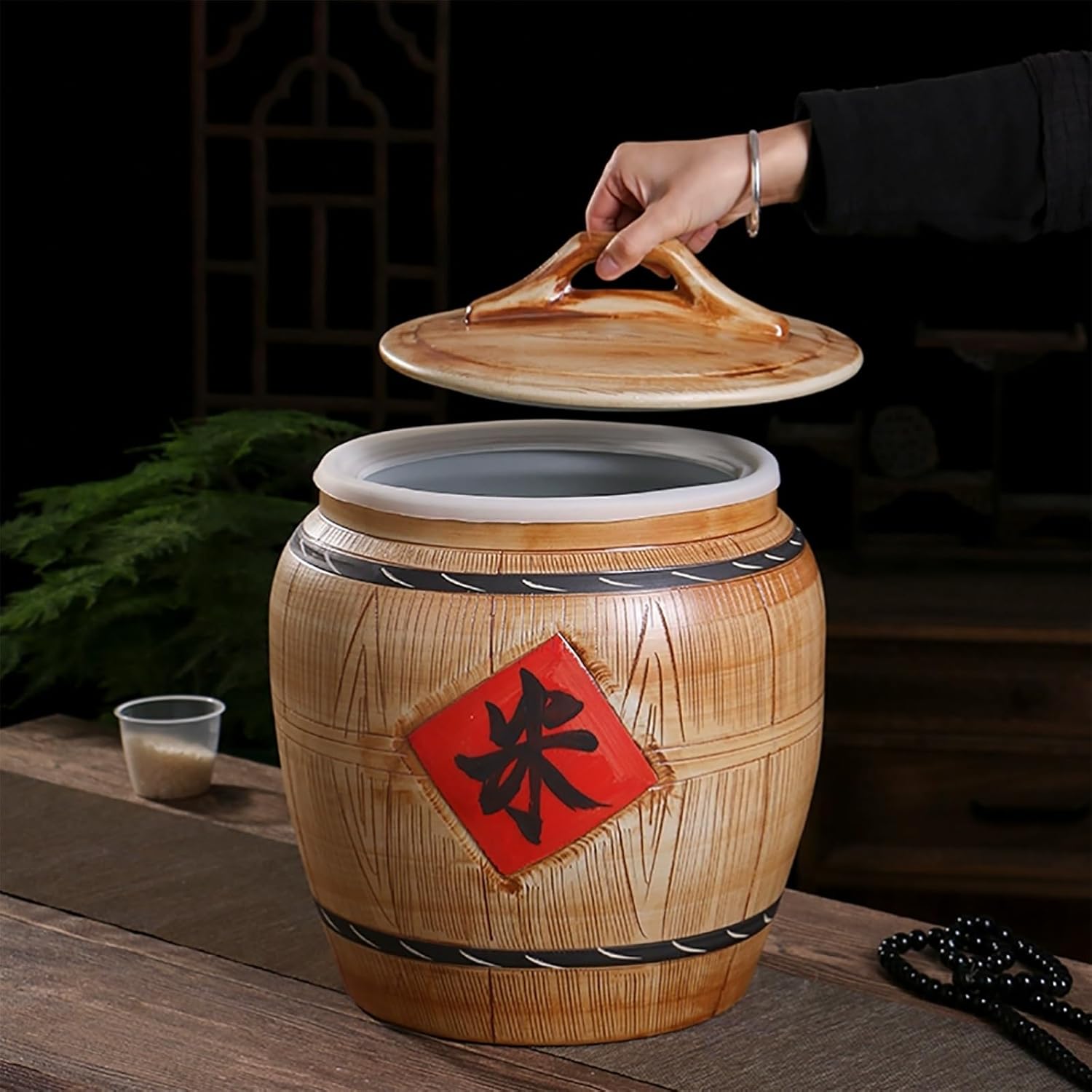 Food Storage Ceramic Jar with Lid Airtight Ceramic Rice Container Ceramic Rice Jar with Lid Rice Storage Barrel Ceramic Rice Bucket Food Storage Box