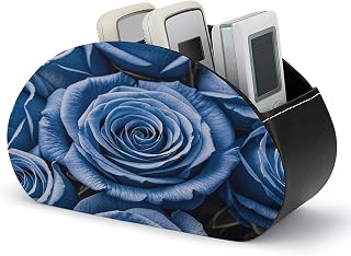 Blue Roses Remote Control Holder with 5 Compartments | PU Leather Caddy Storage Box, Multi-functional Office Desktop Organizer for Controller, Media Player, Makeup Brush, Glasses