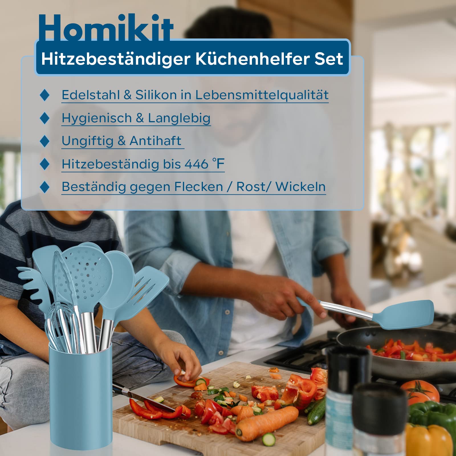 Homikit Zestaw przyborów kuchennych, 10 sztuk, silikonowe, nieprzywierające, odporne na wysokie temperatury, z uchwytem ze stali nierdzewnej, zdrowe, nadają się do mycia w zmywarce, kolor niebieski