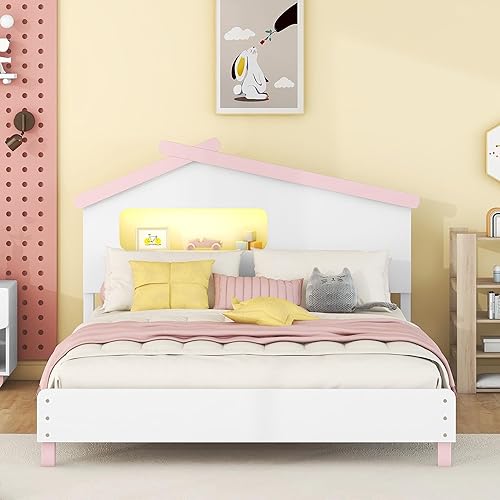 Cama de plataforma matrimonial con luces LED, marco de cama matrimonial de madera para niños con cabecera en forma de casa, marco de cama de casa de