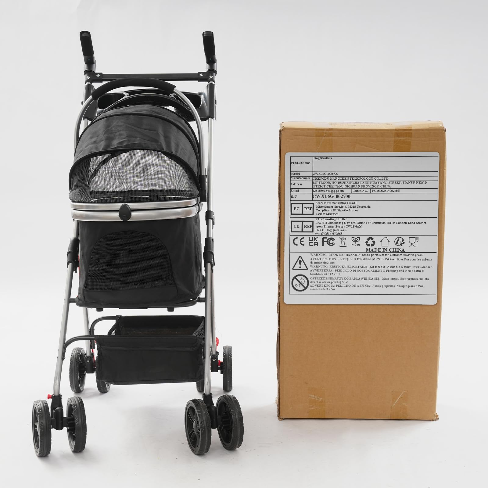 Cochecito plegable para perros, con ruedas universales, para gatos y perros pequeños, capacidad de carga de hasta 12 kg, tamaño del producto plegado 21,5 x 80 cm (negro)