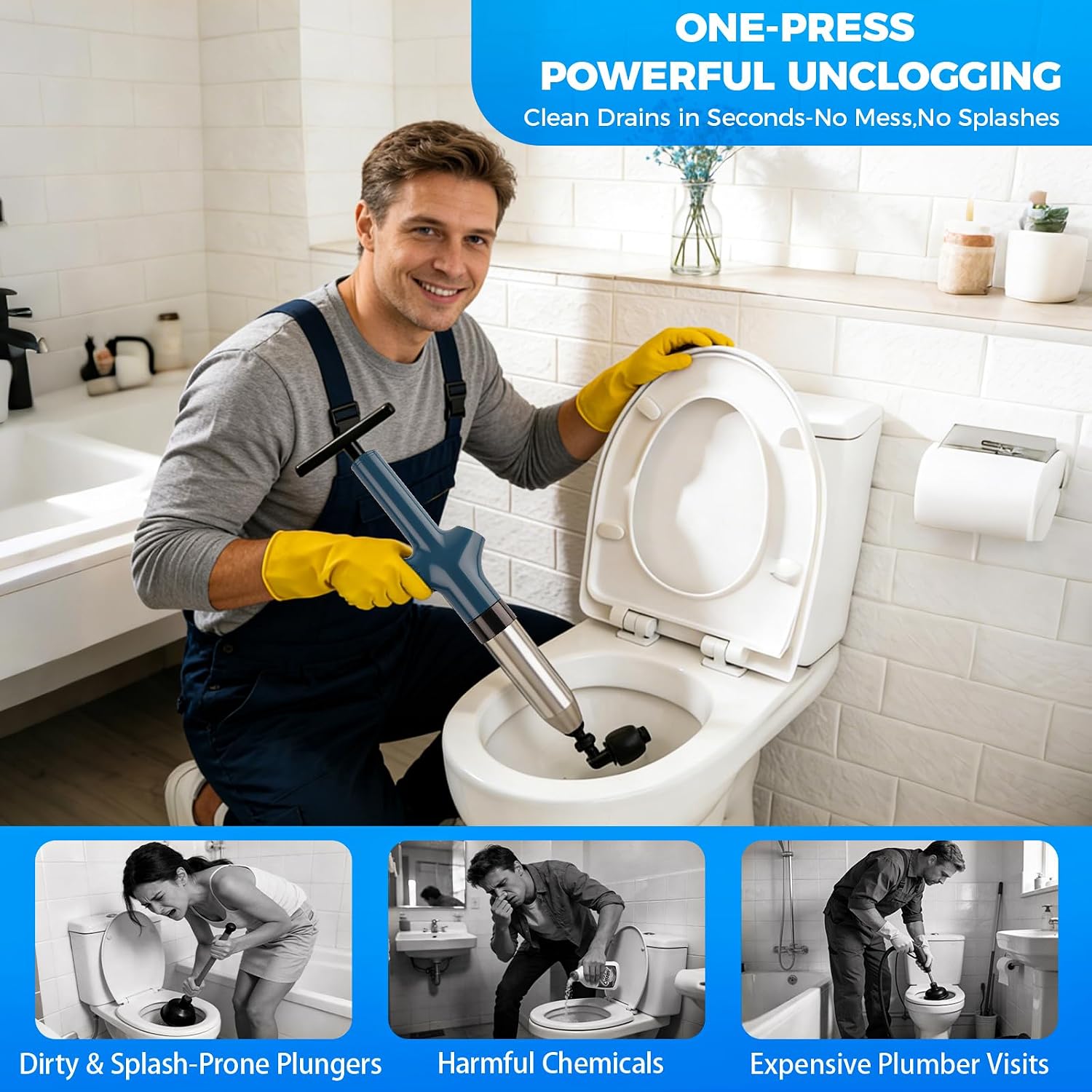 Toilet Plunge Blaster, High-Pressure Air Drain Blaster, Multi-Drain Unclogger for Toilets, Bathroom Floors, Sinks, and Plumbing Clogs