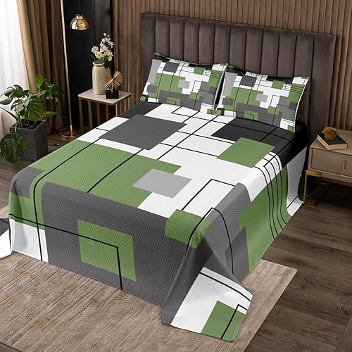 Miniatura 4 de Juego de edredón geométrico verde lima, gris, tamaño Queen, negro, gris, blanco, geométrico, cuadrado, para niños y niñas, juego de colcha abstracta