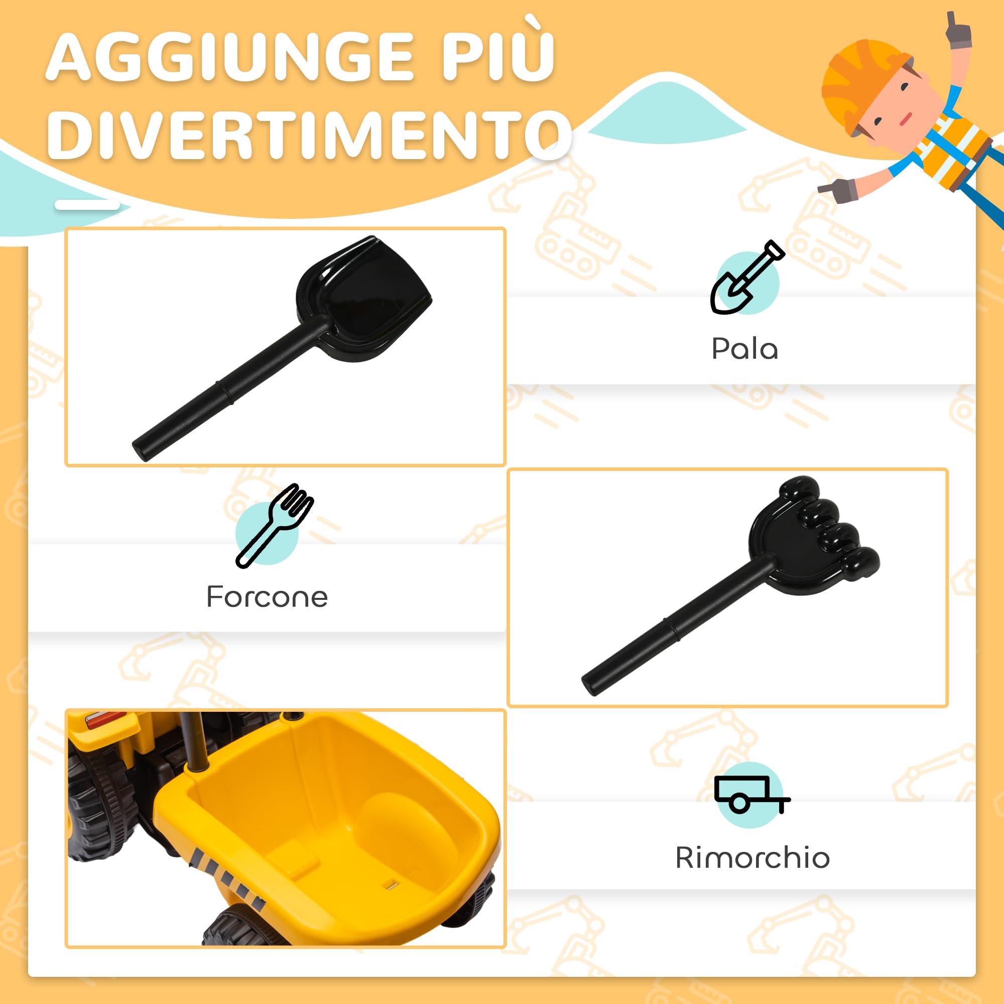 AIYAPLAY Camion Giocattolo per Bambini 12-36 Mesi con Pala e Rimorchio Integrati, Escavatore per Bambini Cavalcabile in PP e Metallo, 91x29x44 cm, Giallo