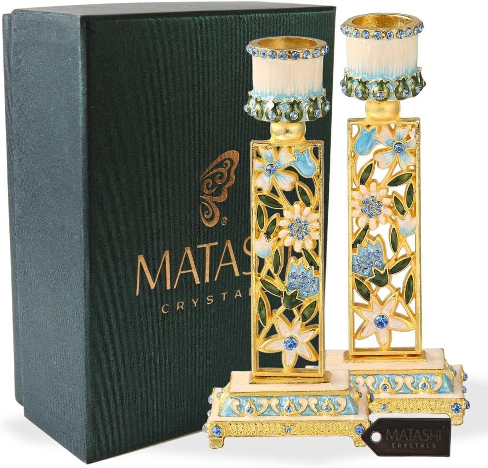 Matashi Shabbat Candlesticks Holder Set of 2 – Hand-Painted Gold-Plated Pewter Candle Holders, Blue Floral Design, Tall Vintage Judaica Décor for Sabbath, Jewish | Intricate Floral Filigree and Blue Crystals - Traditional Jewish Sabbath Candle Holders, Luxury Judaica Home Gift
