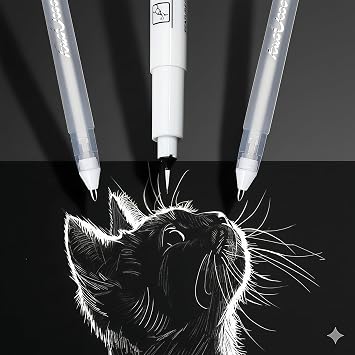 1 x White Fine Liner Art Pen and 2 x White Gel Pen for Highlighting and Detail ensure for Drawing, Illustration and Journaling