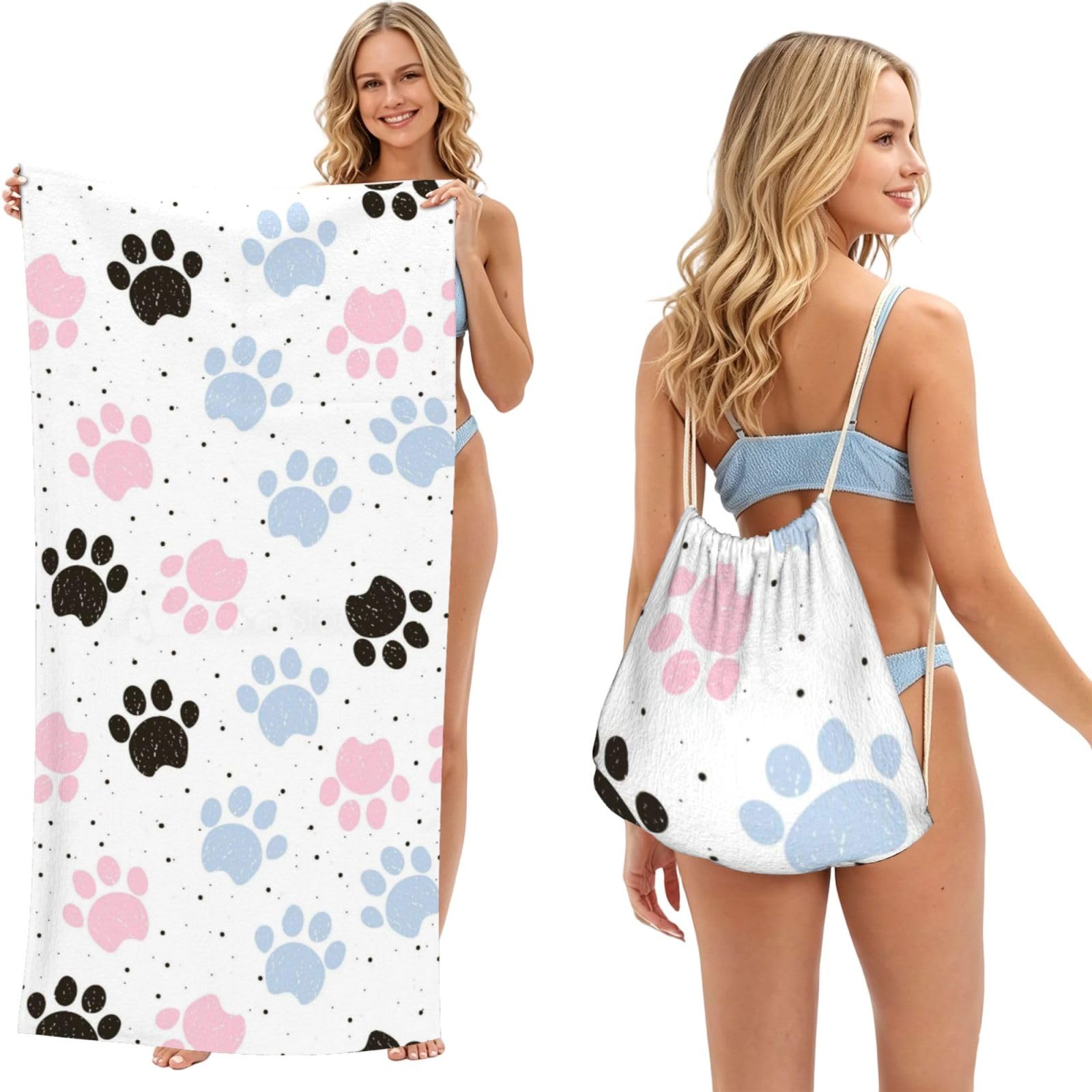 Poadnly As Picture Hand Drawn Colorful Dogs Paws, 2 In 1 Packable Towel Bag, Beach Towels With Drawstring Backpack For Travel Holiday Camping