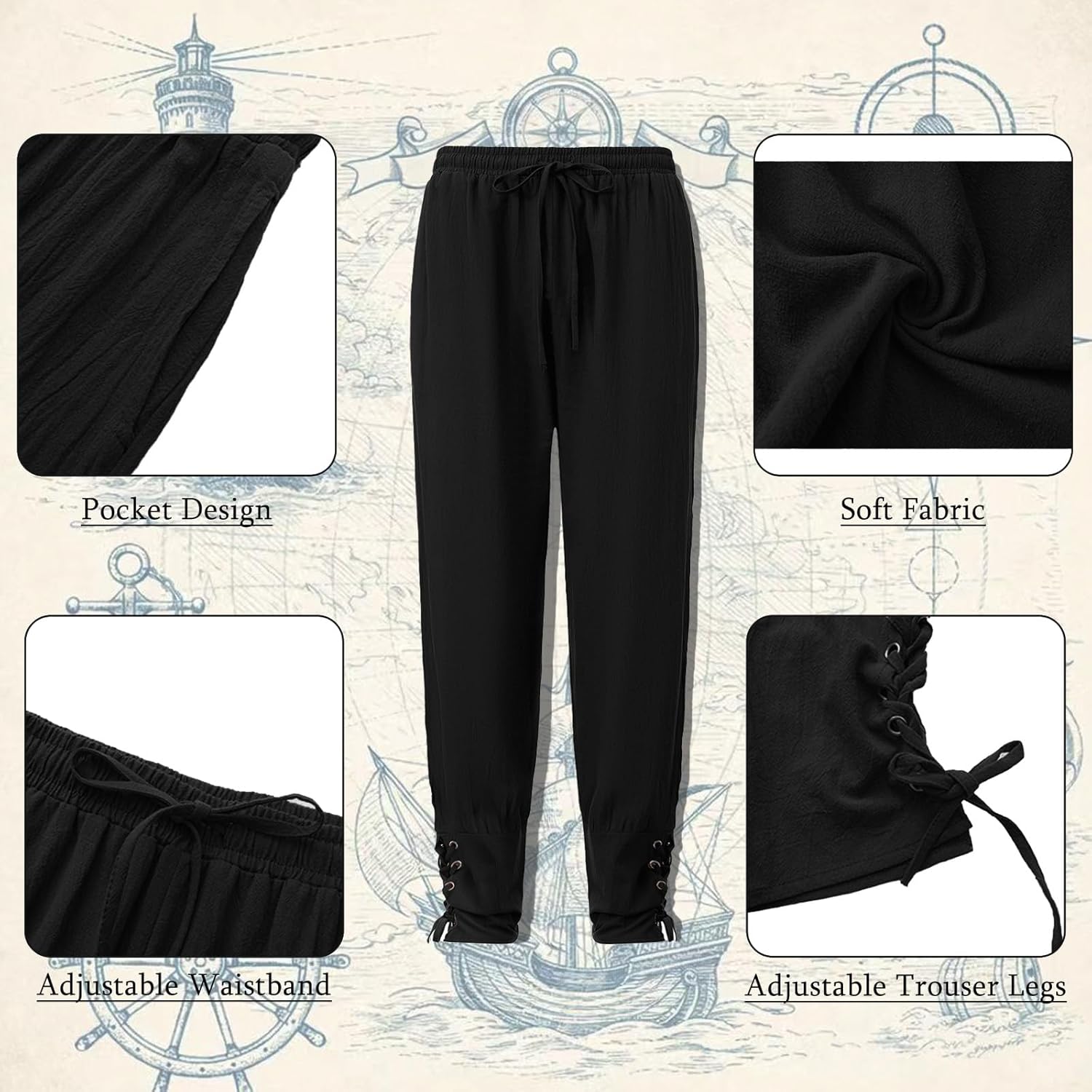 QRT 9PCS Men's Pirate Costume Set,Renaissance Medieval Outfit for Halloween Pirate Party with Viking Pants Shirts Accessories