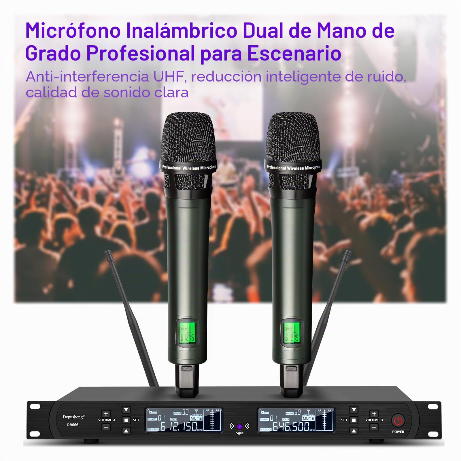 Depusheng DR666 Micrófono inalámbrico Profesional Karaoke 2 micrófono inalámbrico portátil Carcasa de Metal recepción de Larga Distancia 100 Metros dedicado para el Escenario de la Barra