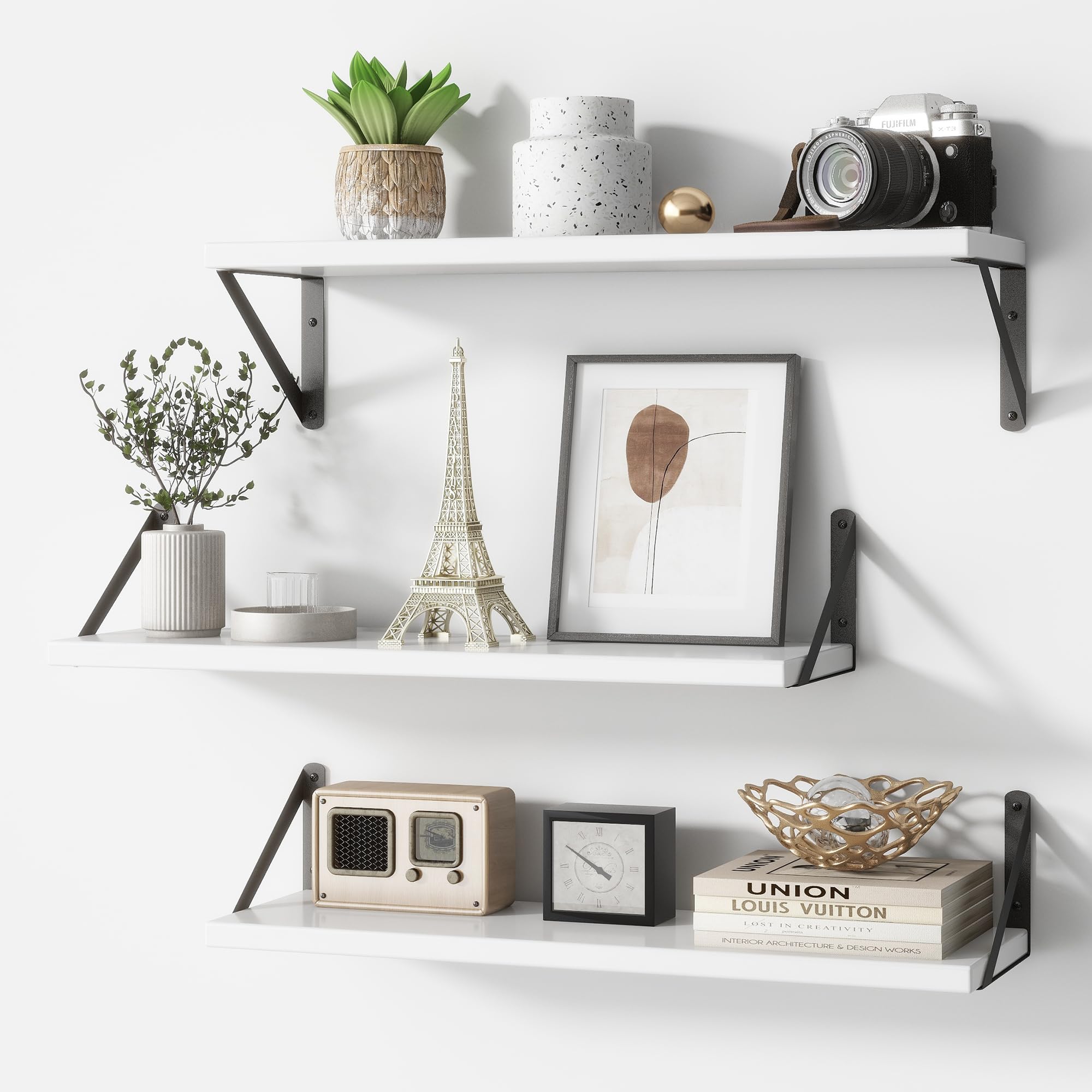 White Floating Shelves with Black Bracket 24 inches Long Set of 3, Bathroom Wall Shelves Over Toilet for Towels, Modern Wood Mounted Storage Shelf for Bedroom Living Laundry Room Kitchen Office Closet