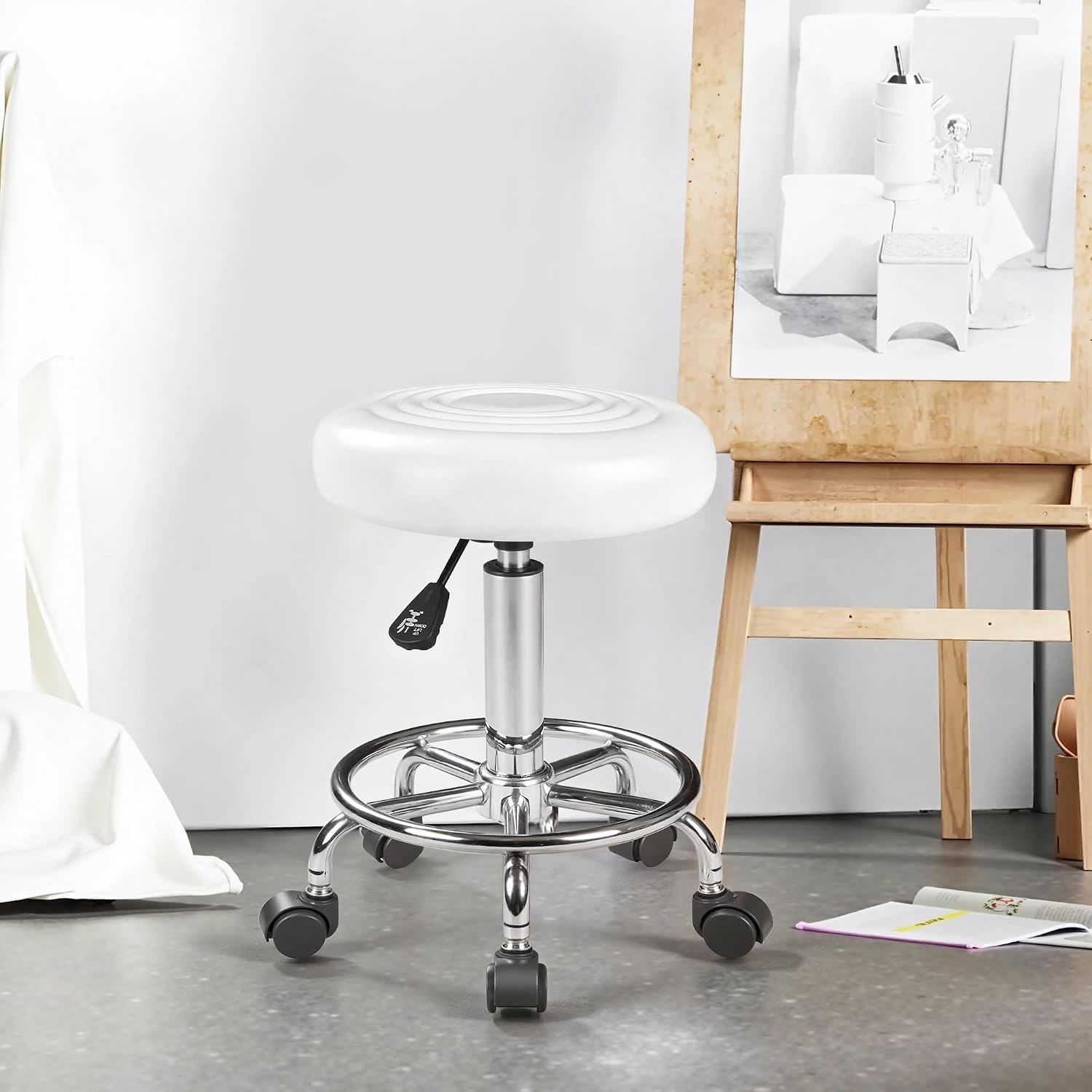 VECELO Home Office Desk Chair with Wheels | PU Leather Rolling Office Chair for Drafting, Salon, Spa(White)