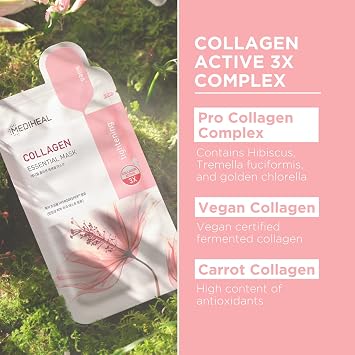 MEDIHEAL, Essential Mask 10 Pieces Collagen, Skin Tightening, Vitality, Hydration, Vegan, Jeju Carrot
