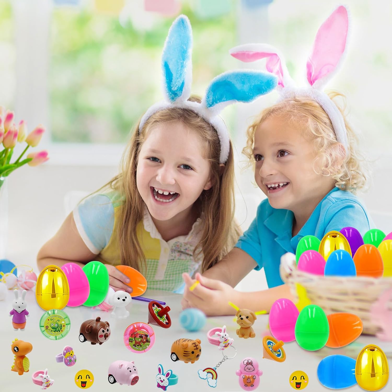 [ Surprise Golden Egg ] 50PCS Prefilled Easter Eggs with Toys ,50 Plastic Easter Eggs Fillers with Assorted Toys for Kid Toddler Boys Girls Easter Basket Stuffers Party Favors