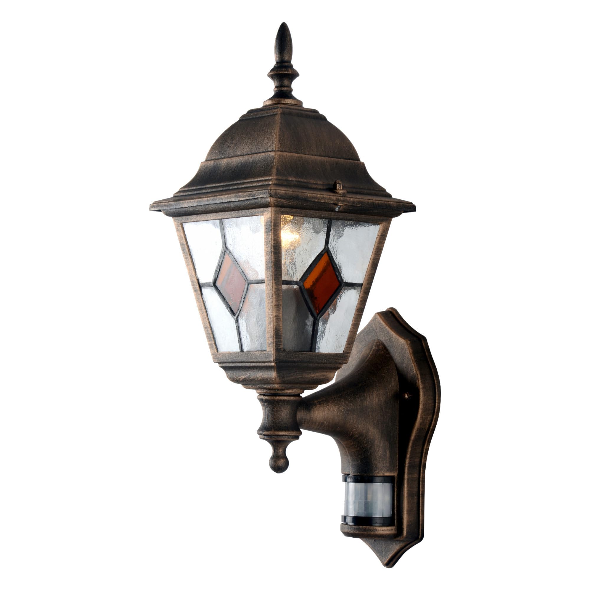 firstchoicelighting Traditional Outdoor Garden Porch Security Wall Light, PIR Motion Sensor Activated, Black & Brushed Gold Finish with Glass, IP44 Rated Waterproof, LED Compatible