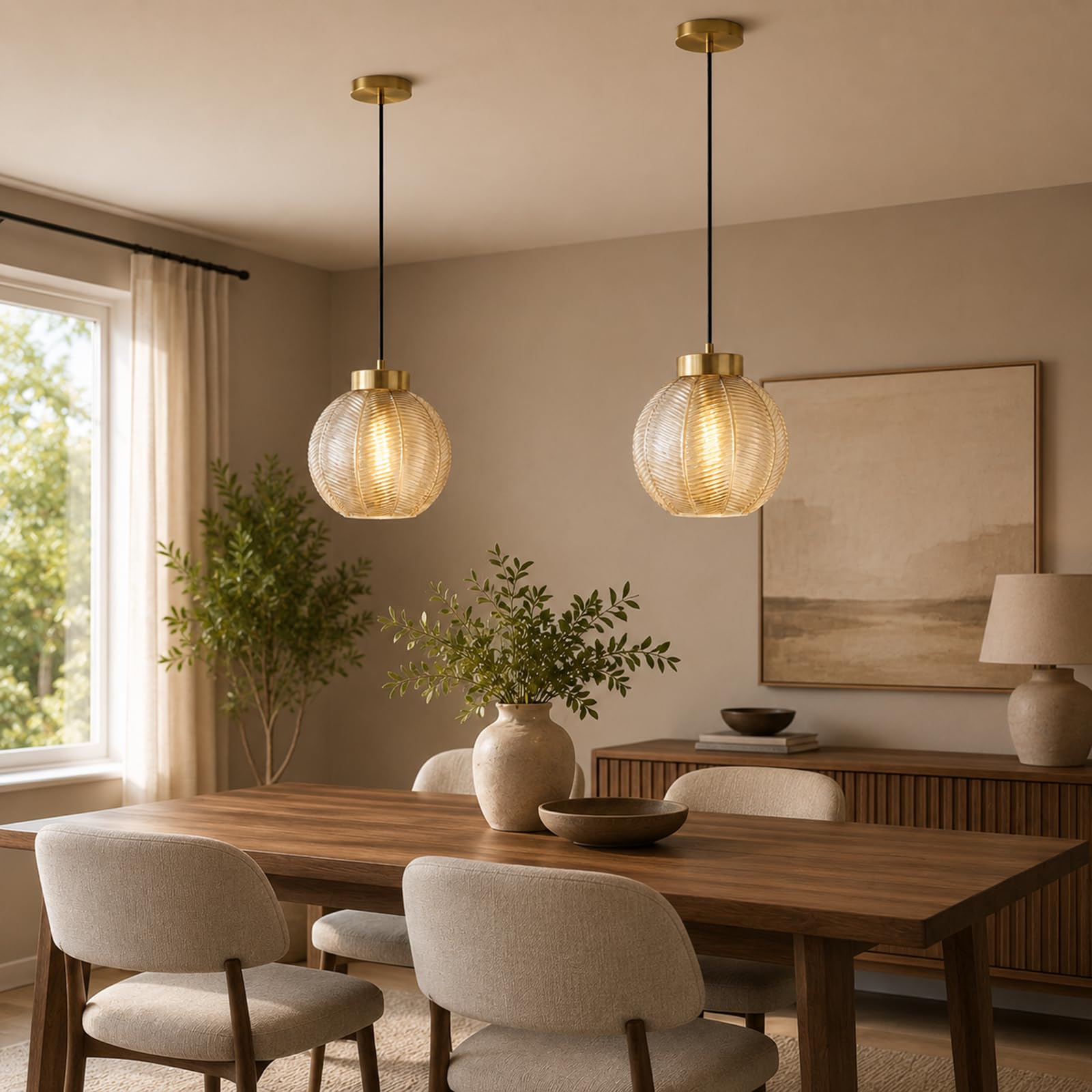 Suspension Luminaire Moderne à Boule de Verre de 20cm en Finition Dorée, Lampe Suspendu Hauteur Réglable E27 Lustre pour Salle à Manger,Salon,Chambre,Cuisine (Ambre)