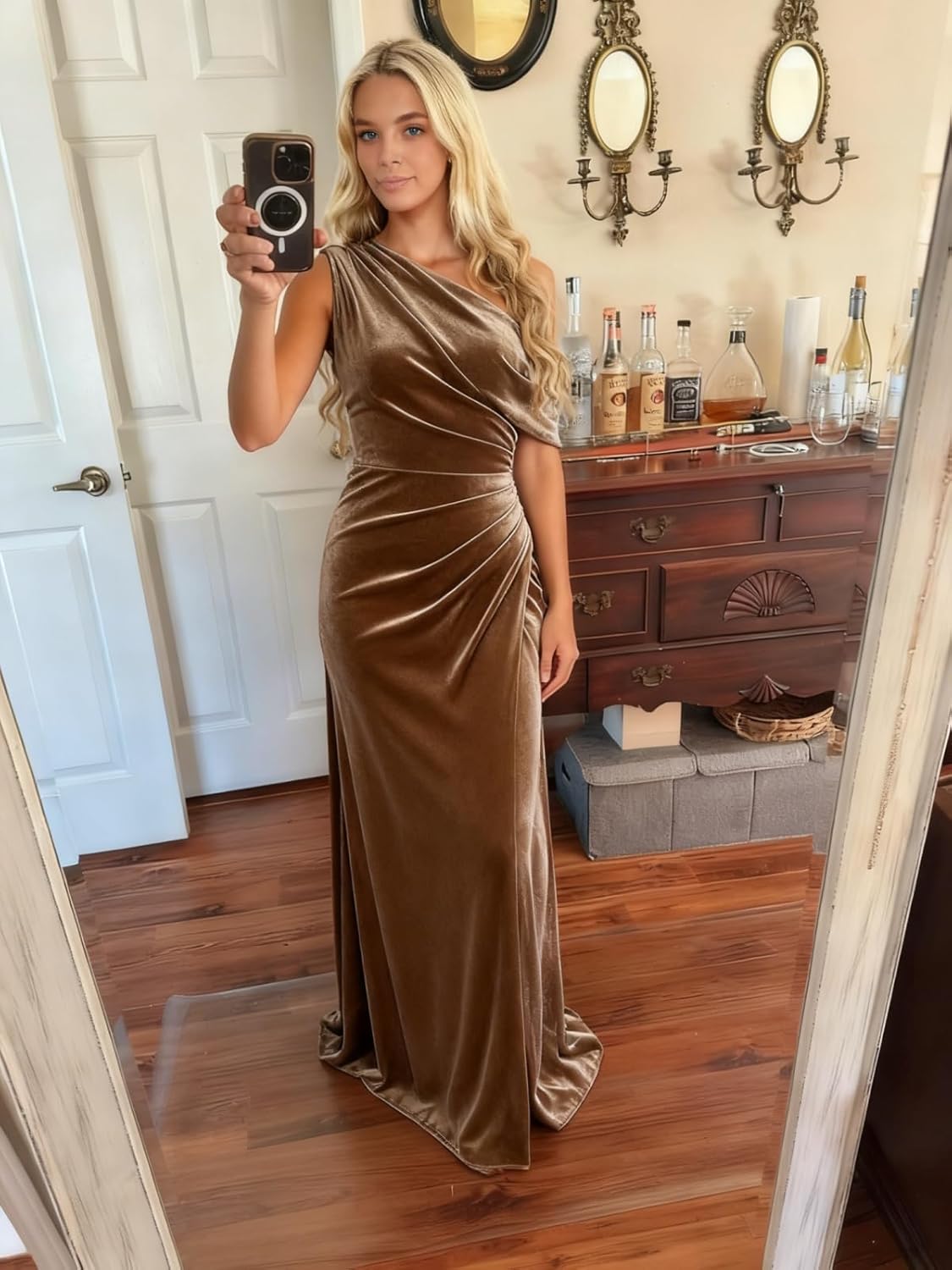 Womens One Shoulder Velvet Formal Dresses for Bridesmaid Long Mermaid Prom Evening Maxi Gowns with Slit