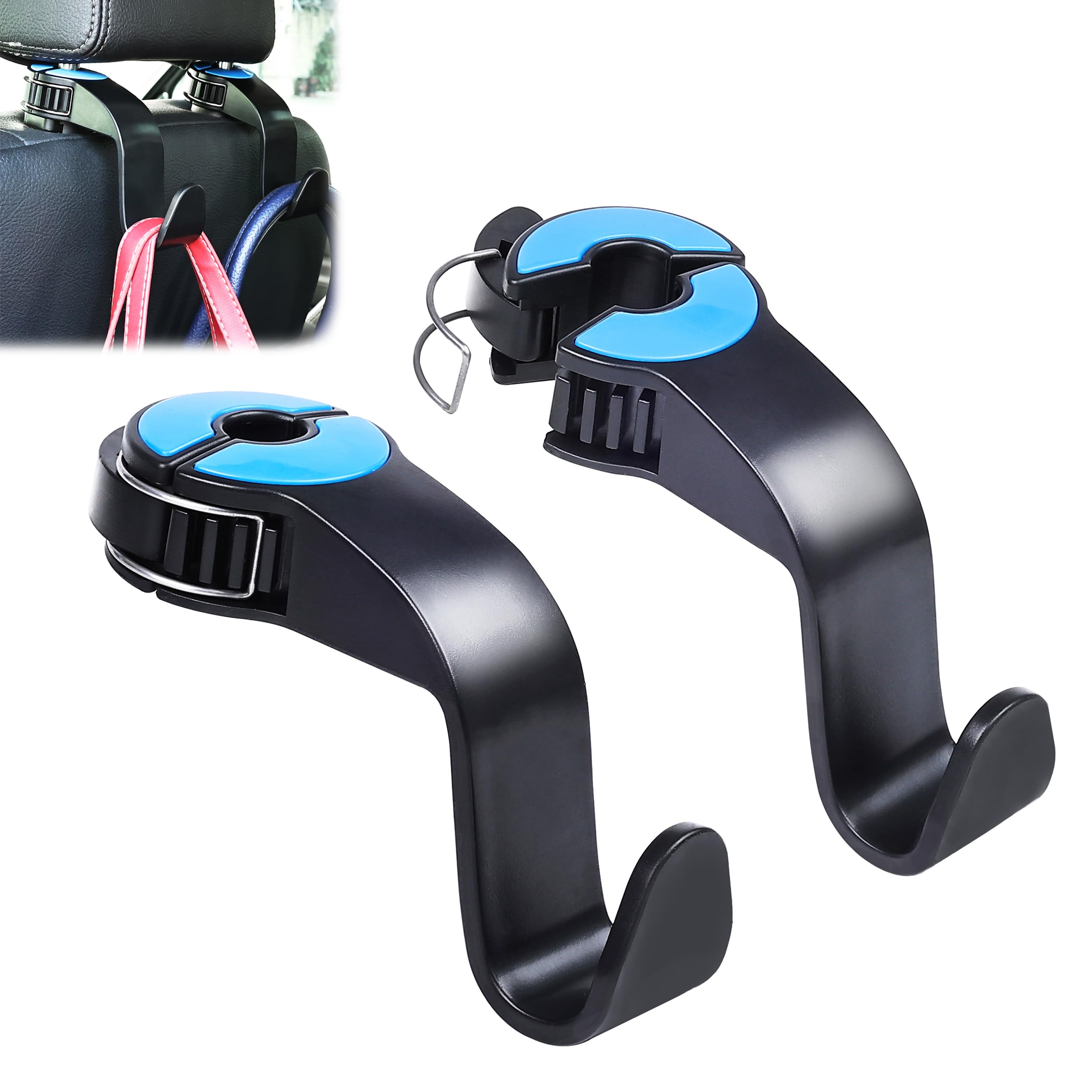 AmoocaCar Seat Hooks with Adjustable Hasp Headrest Storage Hanger Universal Fit Automotive Organizer for Purse Bag Coat 2 Pack Black Blue