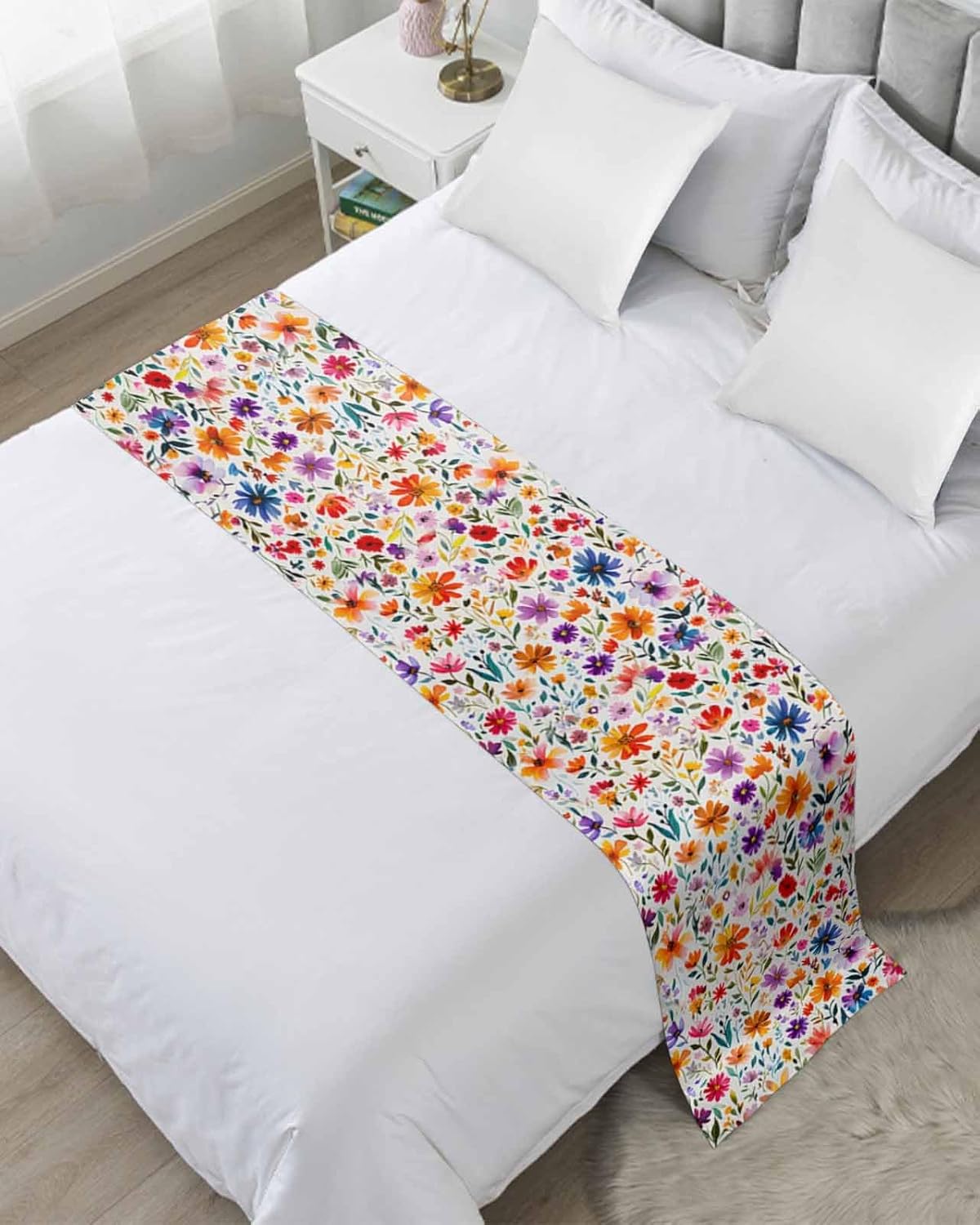 Watercolor Farmhouse Wildflower Bed Runners&Scarves 94"x20" Decorative Bedding Scarf Pastoral Colorful Flower Luxury Bed Runner Protector Decorations for Bedroom Hotel Wedding