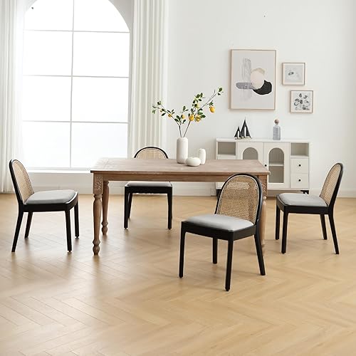 Miniatura 9 de LukeAlon Juego de 2 sillas de comedor de lino, sillas laterales de caña tejida natural con patas de madera maciza, sillas de comedor de mediados de