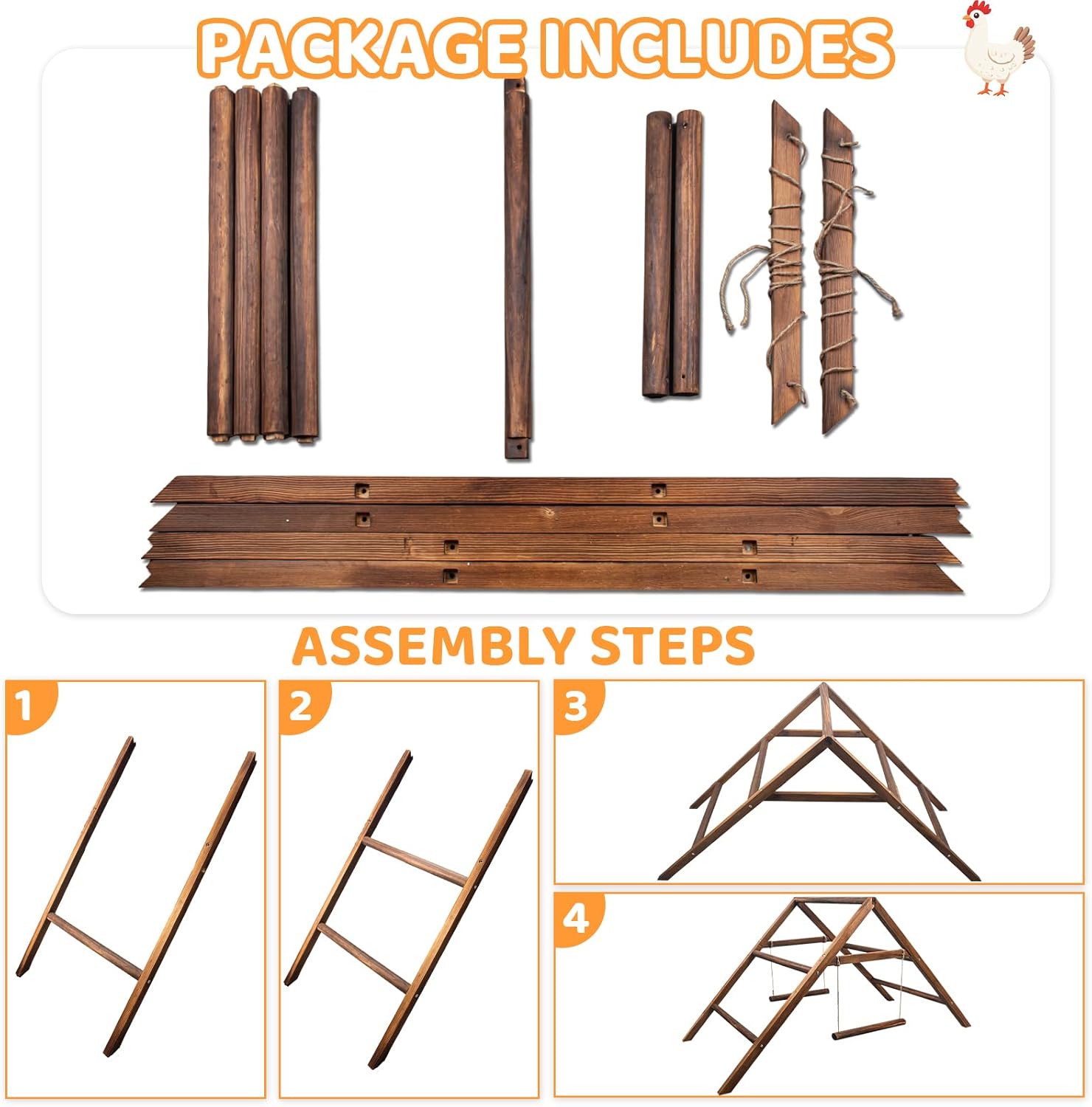 Pine Wood Chicken Perch with 2 Swings & Ladder, Multi-Level Chicken Roosting Bars for Backyard Coop, Roosting Bars for 10–12 Chickens, Easy to Assemble & Clean