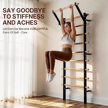 GMWD Swedish Ladder, Stall Bar, Suspension Trainer with Pull-Up Bar and Dip Bar Attachments, Wooden Stall Bar with 9 Strategic Rods for Core Strengthening and Stretching Balanced for Body Exercises