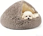 Lit pour chien rond en peluche à capuche, lit pour animaux de compagnie auto-chauffant, donut anti-anxiété, lit moelleux pour chiots et chatons