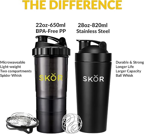 Miniatura 5 de SKOR Botellas mezcladoras de proteínas de acero inoxidable de 28 onzas para gimnasio, batido de proteínas y vaso de batidos con 22 onzas sin BPA PP