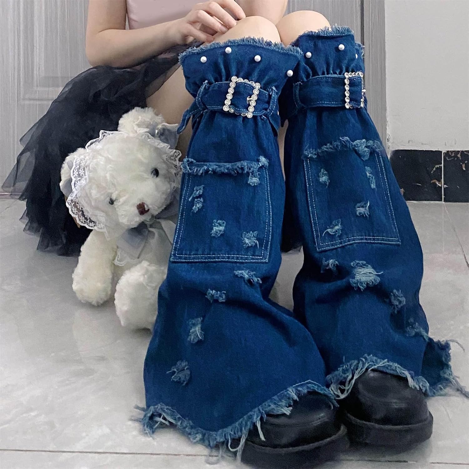Leg Warmers, Women Distressed Jeans Leg Warmer with Rhinestones Buckled Pearls Punk Flared Long Socks Denims Leg Covers Streetwear