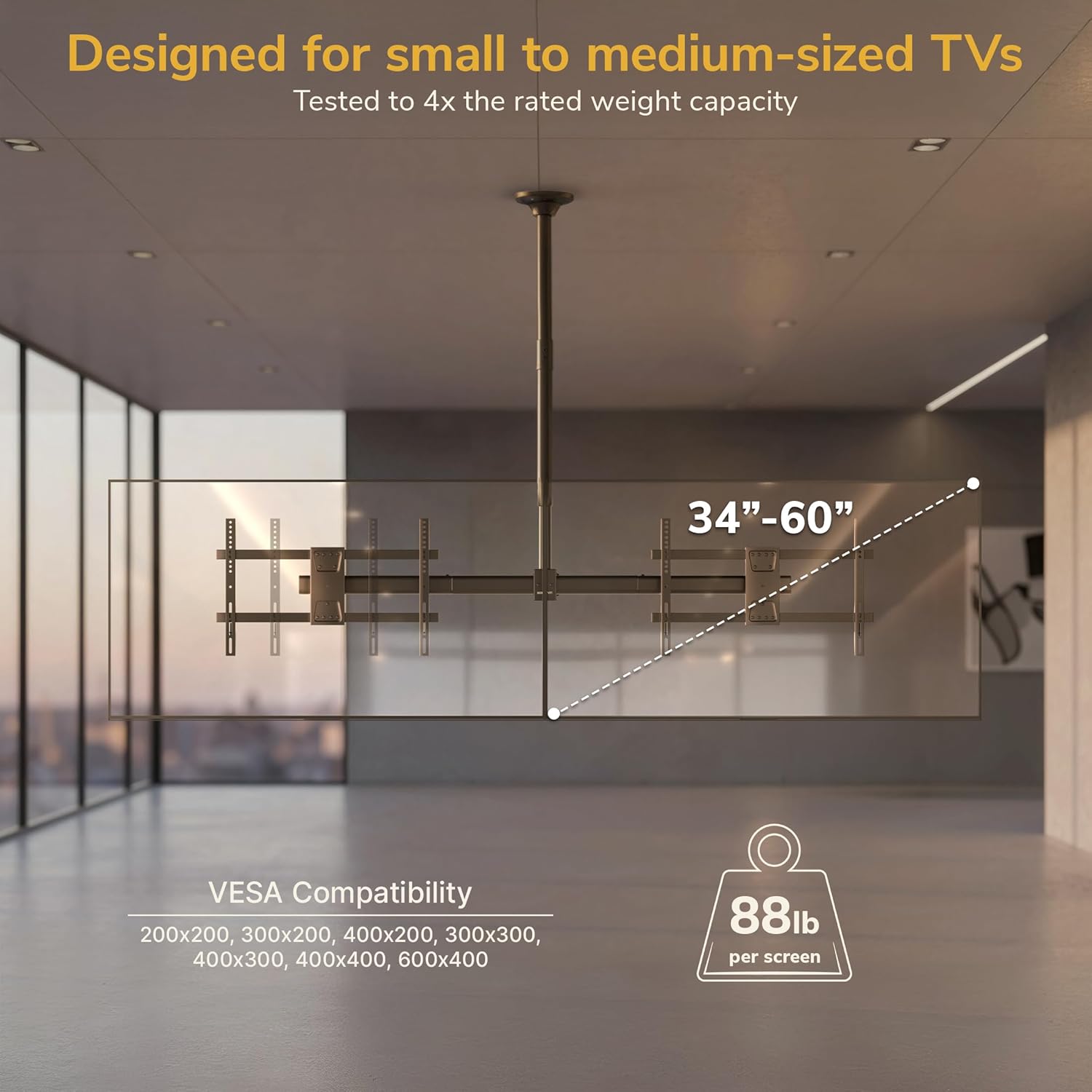 Mount-It! Dual TV Ceiling Mount, Side-by-Side Menu Board, Fits 34–60" Screens up to 88 lbs Each, VESA 600x400, Full Motion 360° Swivel, Short Pole 18–35" Drop, Safety-Tested Steel, Black
