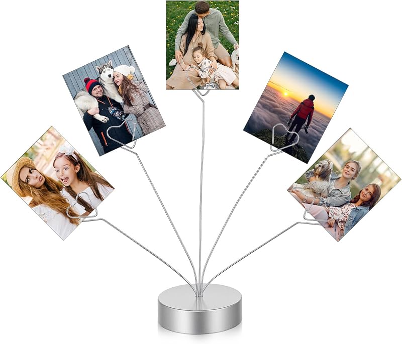 Heart-Shaped Photo Tree Holder Clip, 5-Branch Metal Desktop Gift Card Tree Stand, Silver Picture Holders for Tables, Photo Card Holder for Wedding Christmas Birthday Party Decor