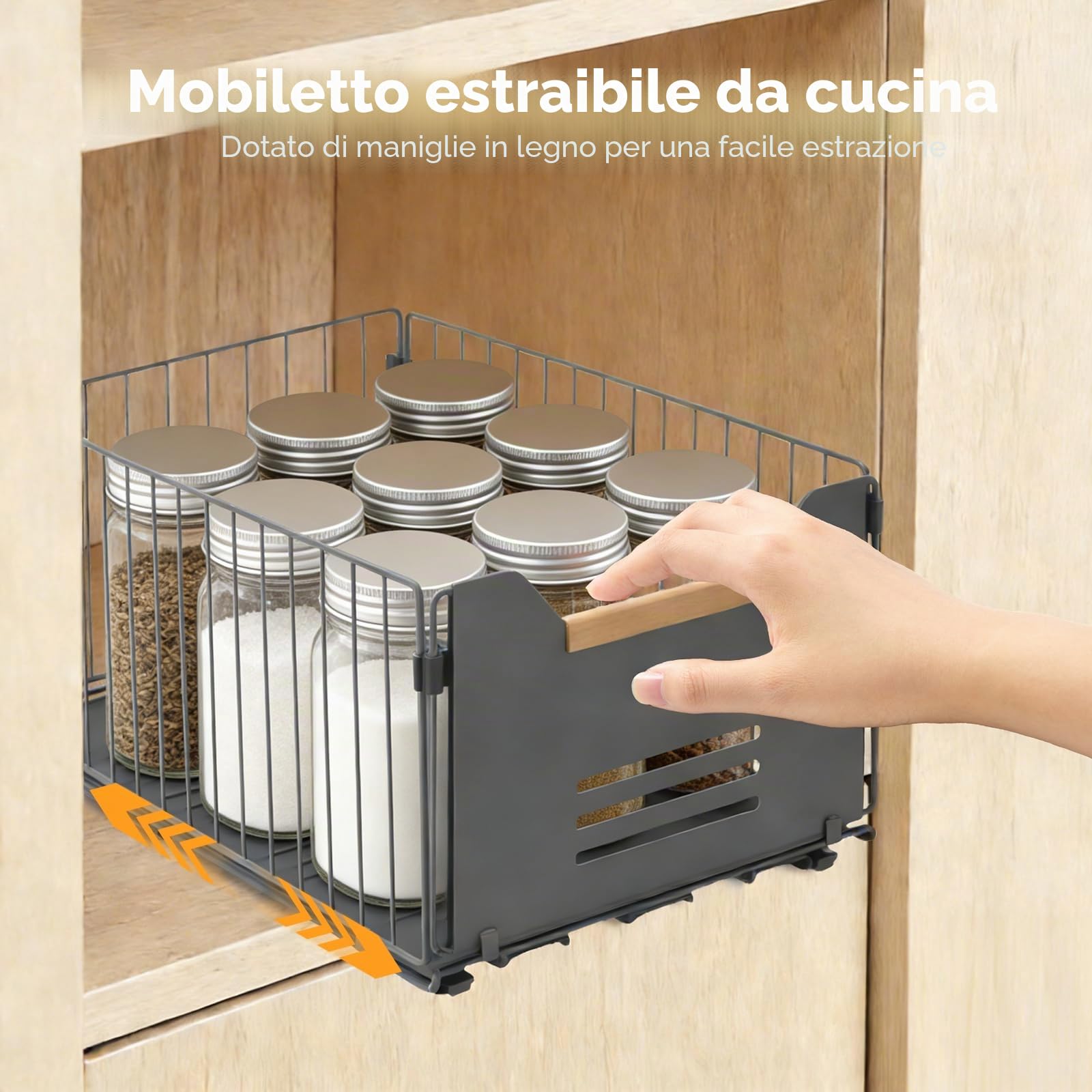 Romon Cassetto Estraibile Cucina, Set da 2 Organizzatori Armadio con Maniglie in Legno, Nero, 37,5x24,5x19 cm, Adatto per Cucina, Bagno e Salotto