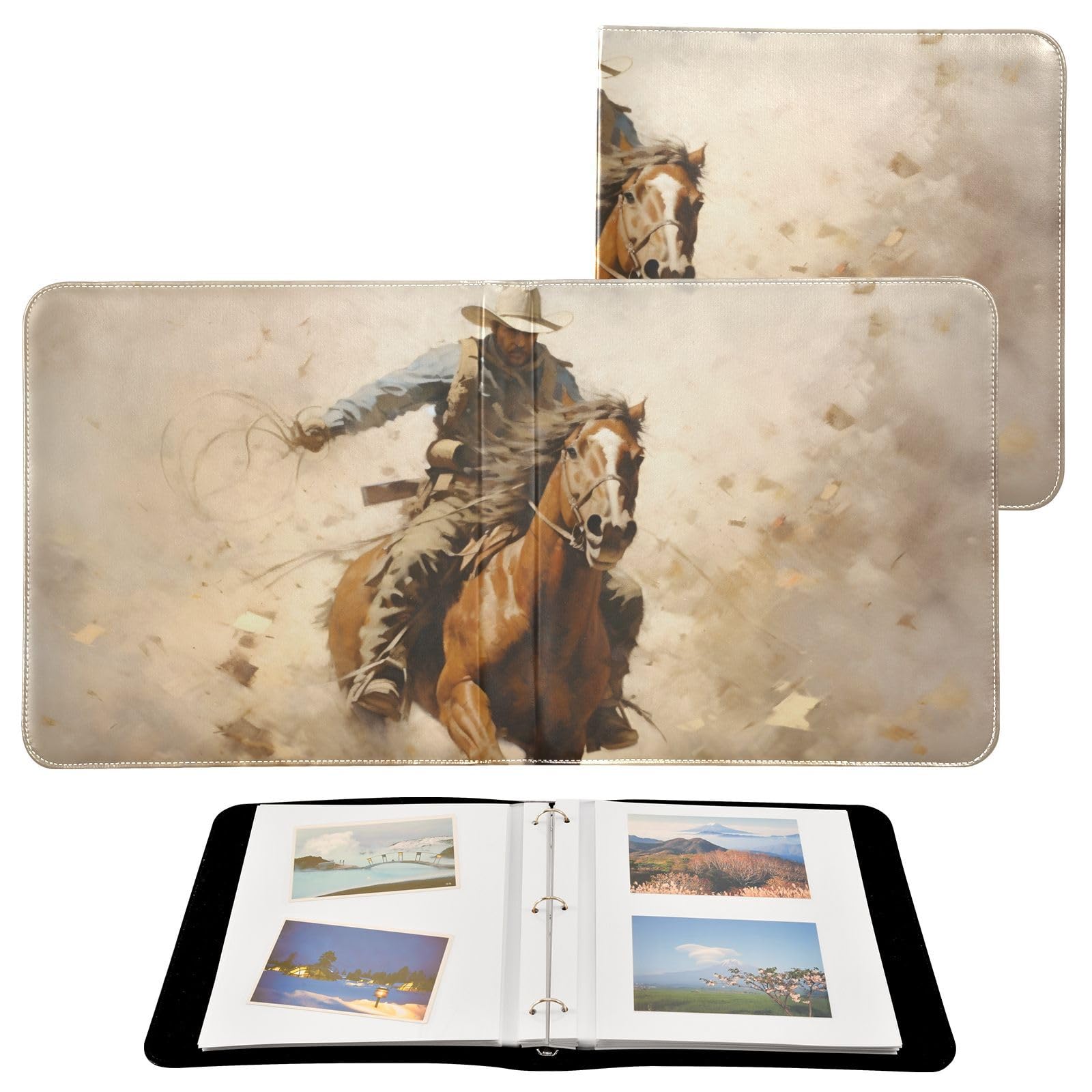 PDZRMY Cowboy Horse Running Photo Album Self Adhesive 3 Ring Binder Picture Album with Leather Cover Scrapbook Hand Made DIY Albums with 20 Detachable Sheets (40 Pages) for 4x6, 5x7, 6x8 Pictures